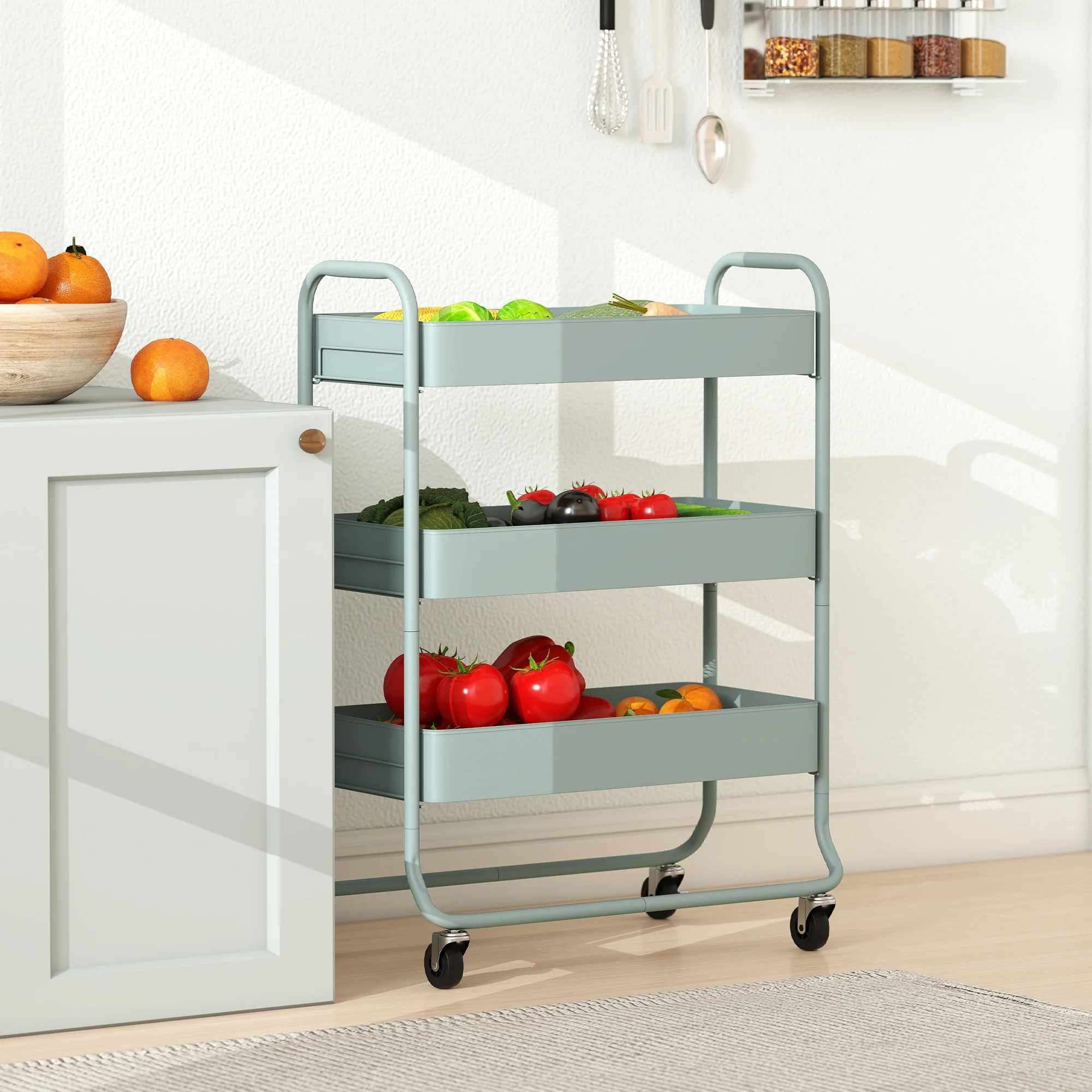 HOMCOM 3-Tier Storage Trolley, Storage Cart With Mesh Backets, Wheels - Image 7