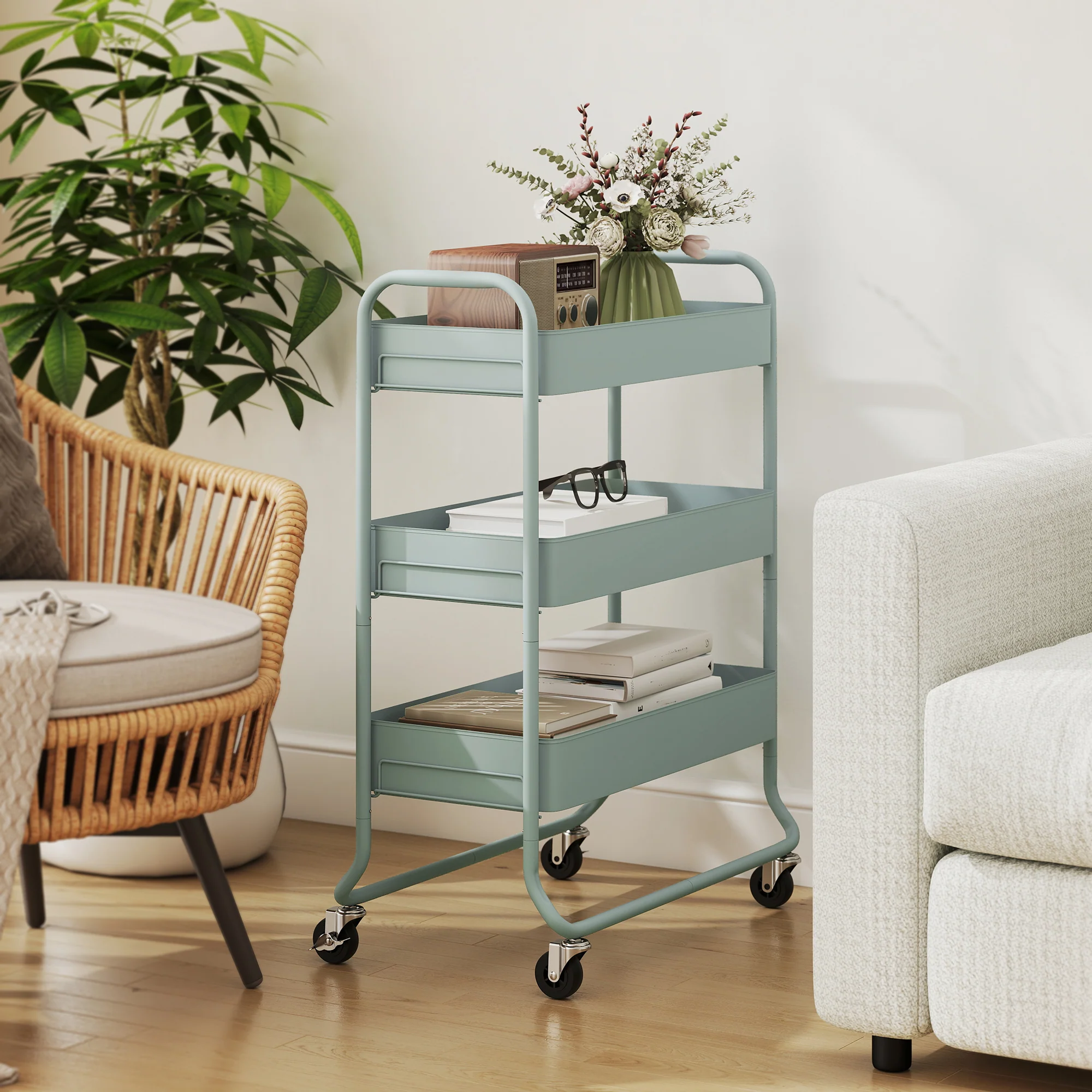 HOMCOM 3-Tier Storage Trolley, Storage Cart With Mesh Backets, Wheels - Image 8