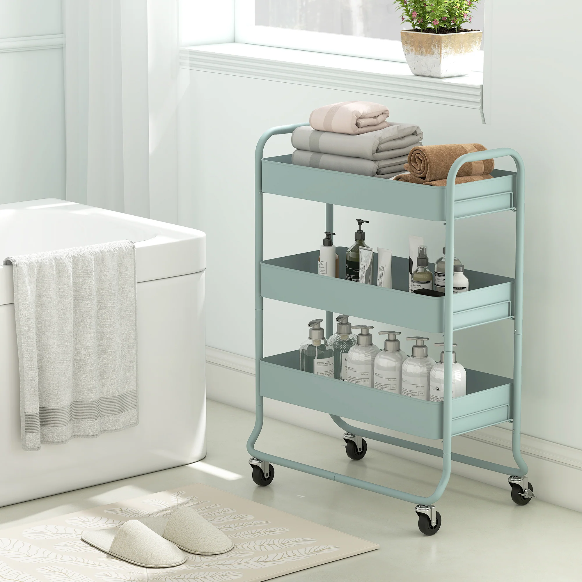 HOMCOM 3-Tier Storage Trolley, Storage Cart With Mesh Backets, Wheels - Image 9
