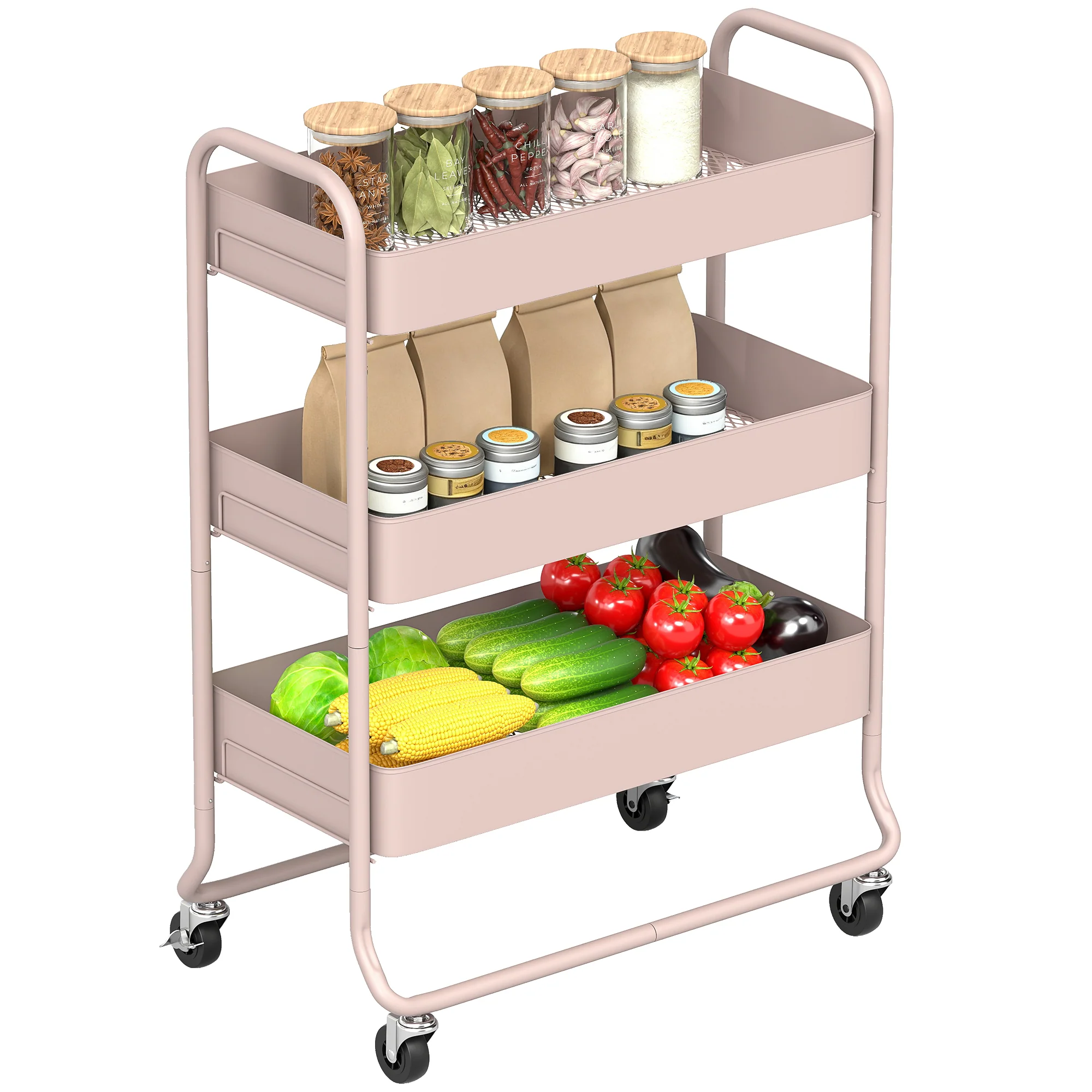 HOMCOM 3-Tier Storage Trolley, Storage Cart With Mesh Backets, Wheels