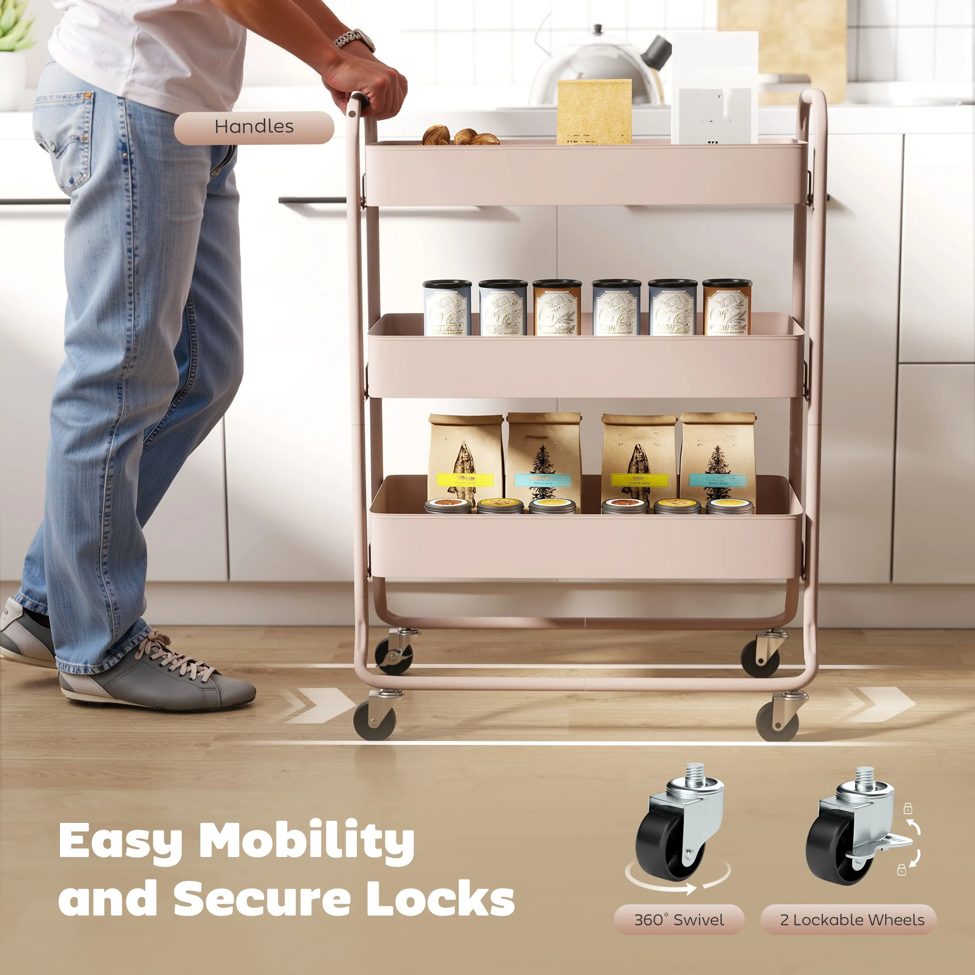 HOMCOM 3-Tier Storage Trolley, Storage Cart With Mesh Backets, Wheels - Image 4