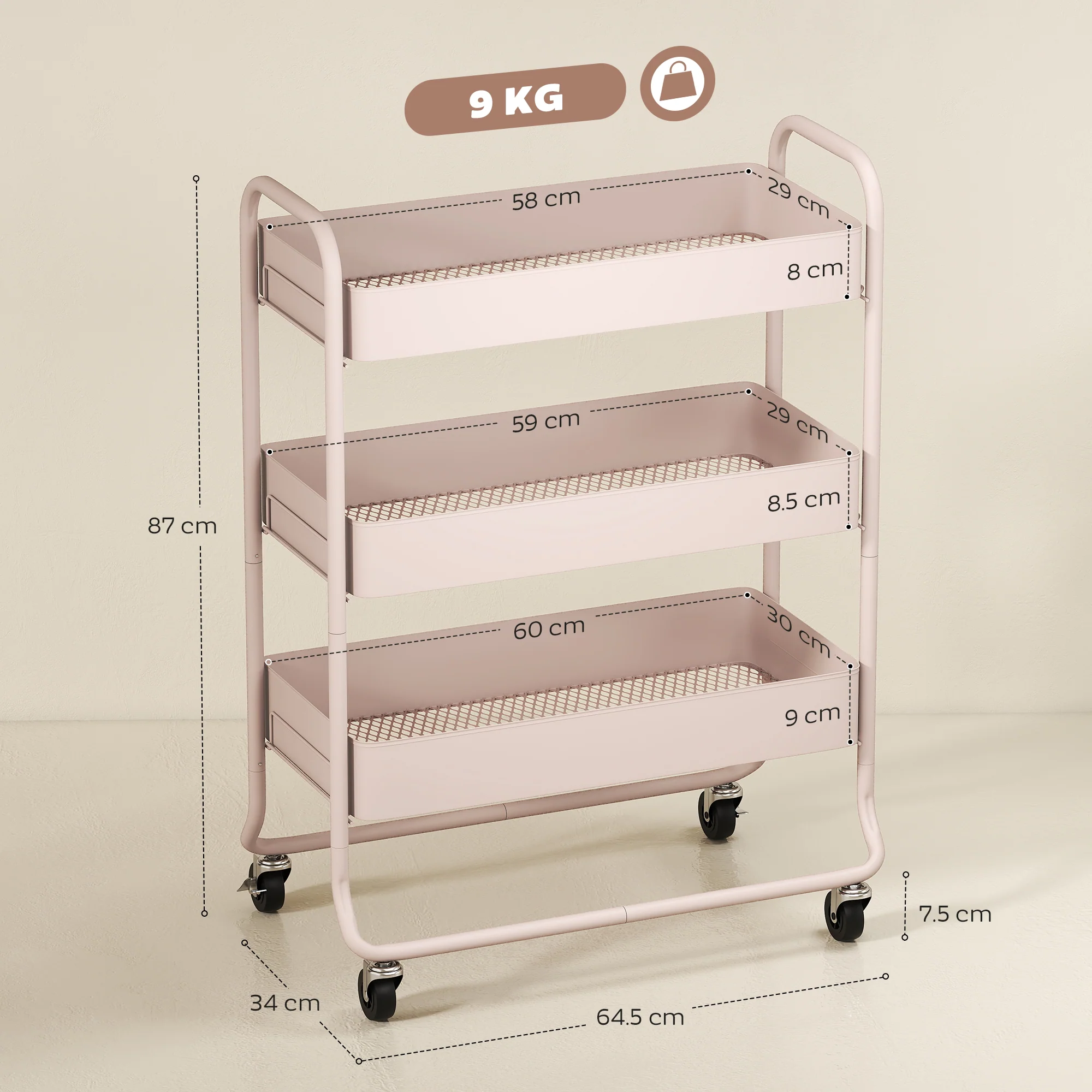 HOMCOM 3-Tier Storage Trolley, Storage Cart With Mesh Backets, Wheels - Image 5