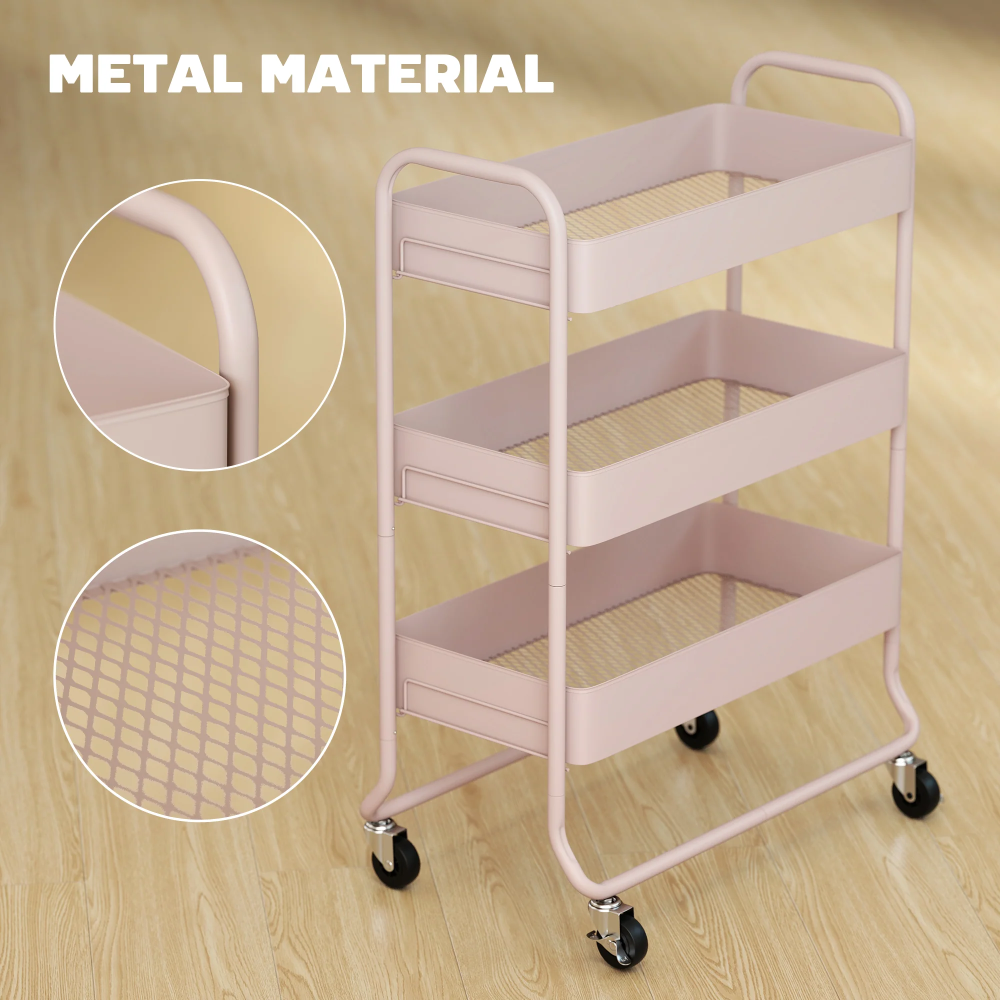 HOMCOM 3-Tier Storage Trolley, Storage Cart With Mesh Backets, Wheels - Image 6