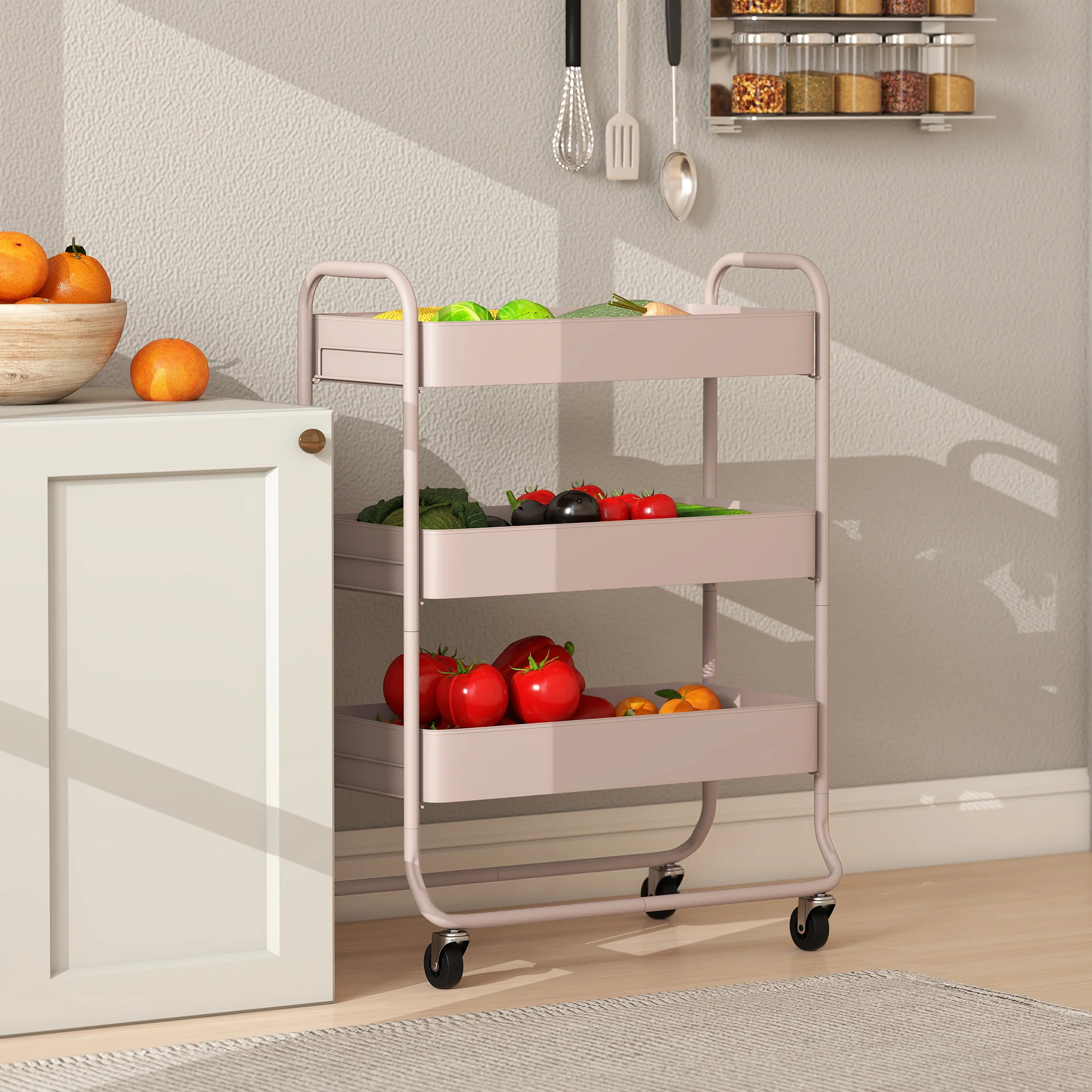 HOMCOM 3-Tier Storage Trolley, Storage Cart With Mesh Backets, Wheels - Image 7
