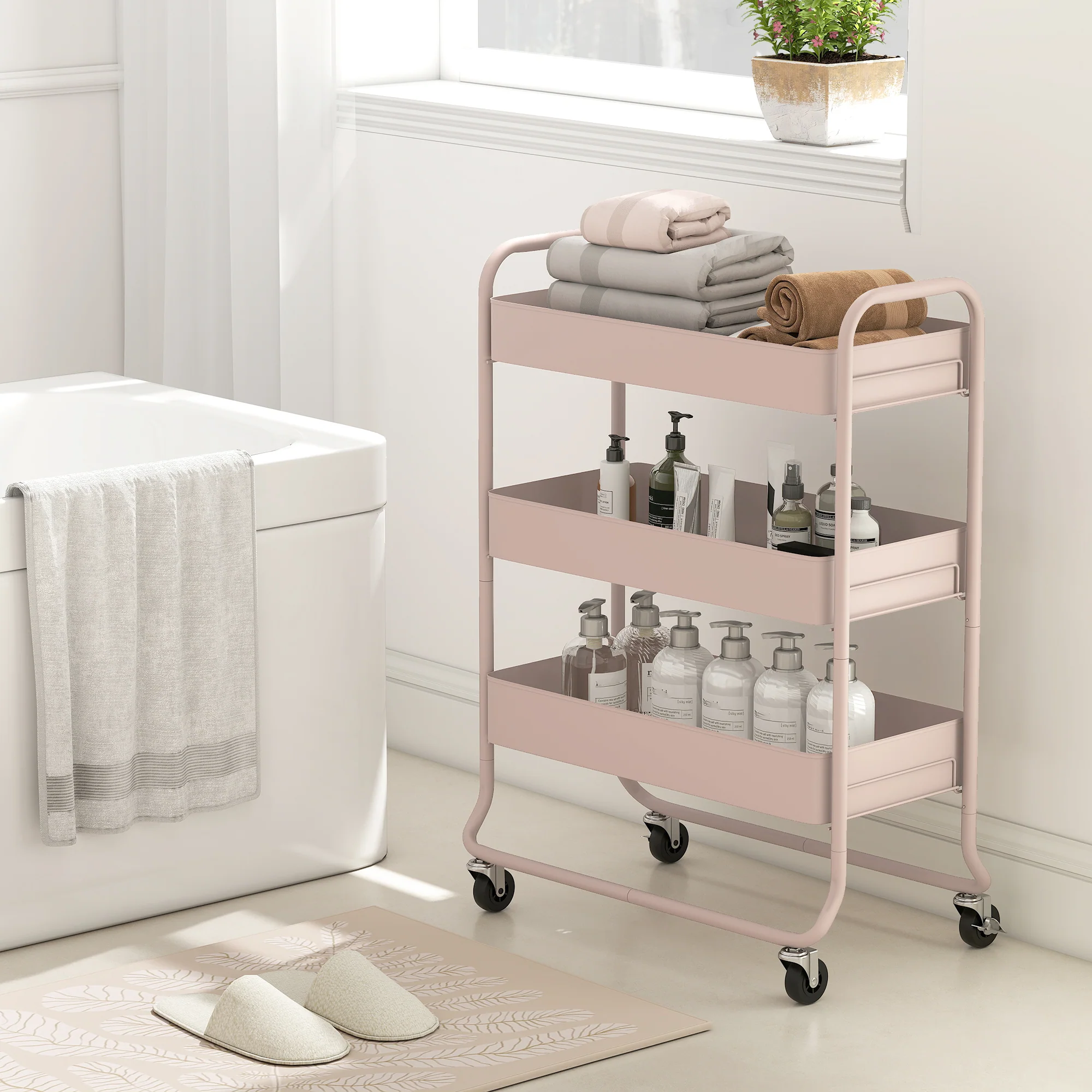 HOMCOM 3-Tier Storage Trolley, Storage Cart With Mesh Backets, Wheels - Image 9