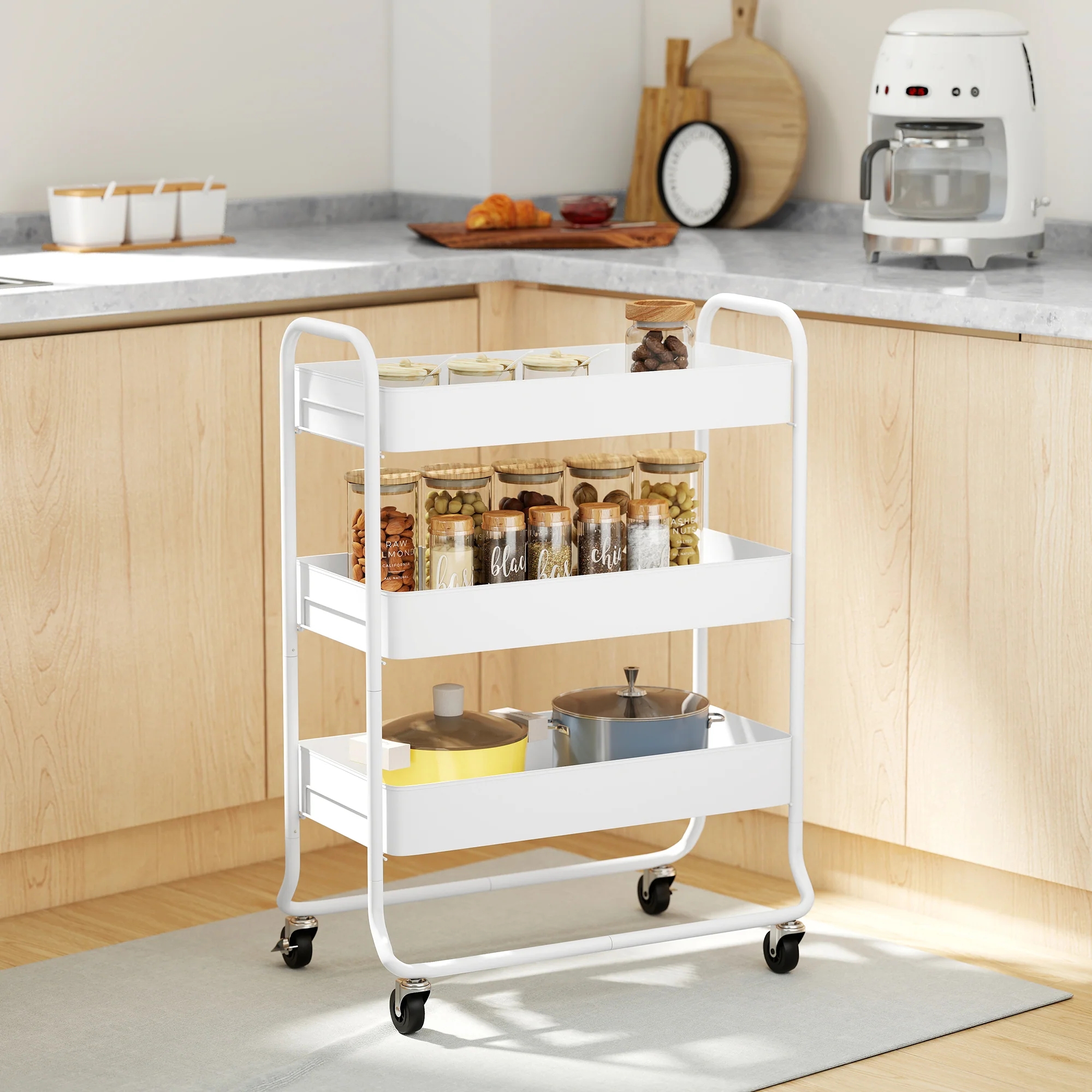 HOMCOM 3-Tier Storage Trolley, Storage Cart With Mesh Backets, Wheels, White - Image 2