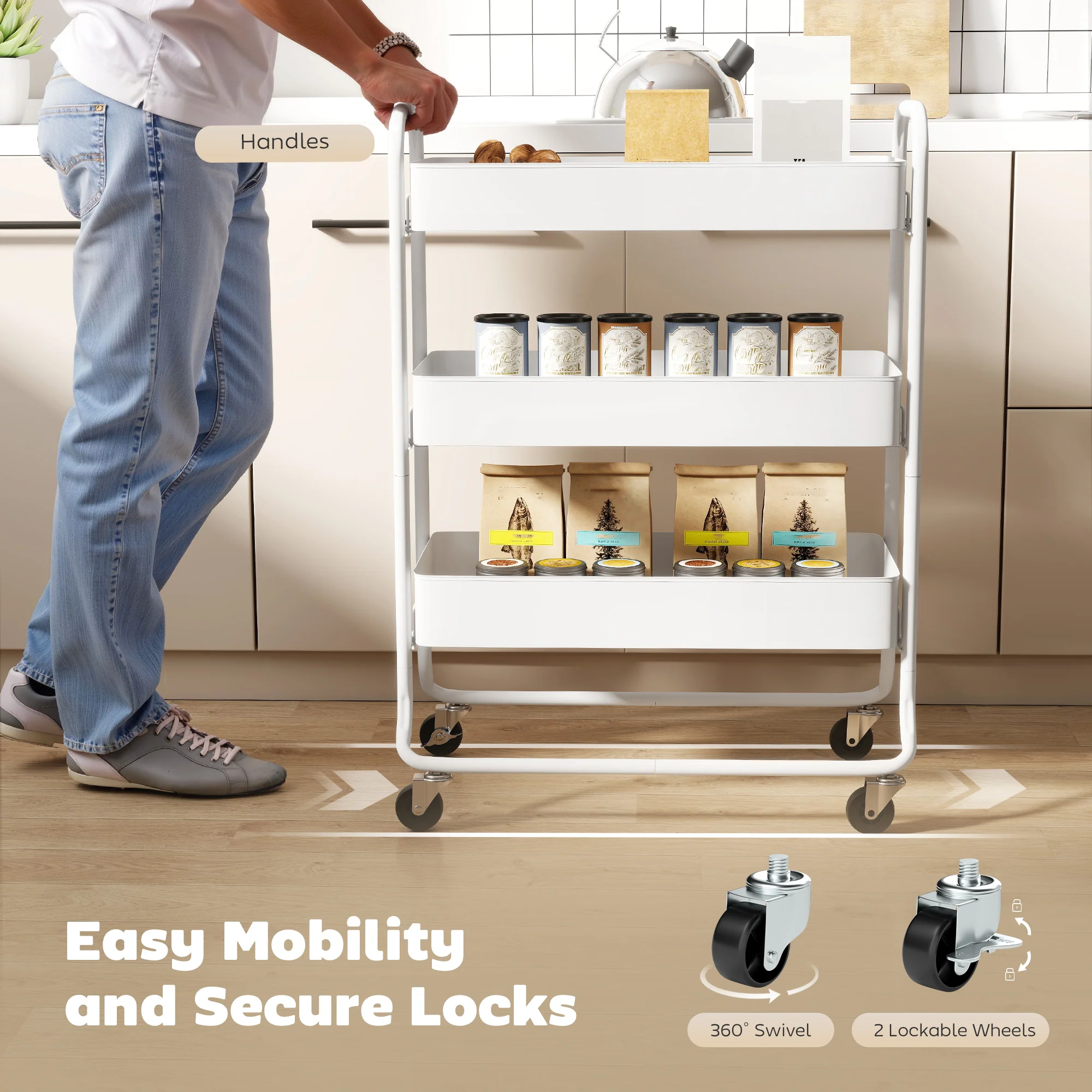 HOMCOM 3-Tier Storage Trolley, Storage Cart With Mesh Backets, Wheels, White - Image 4