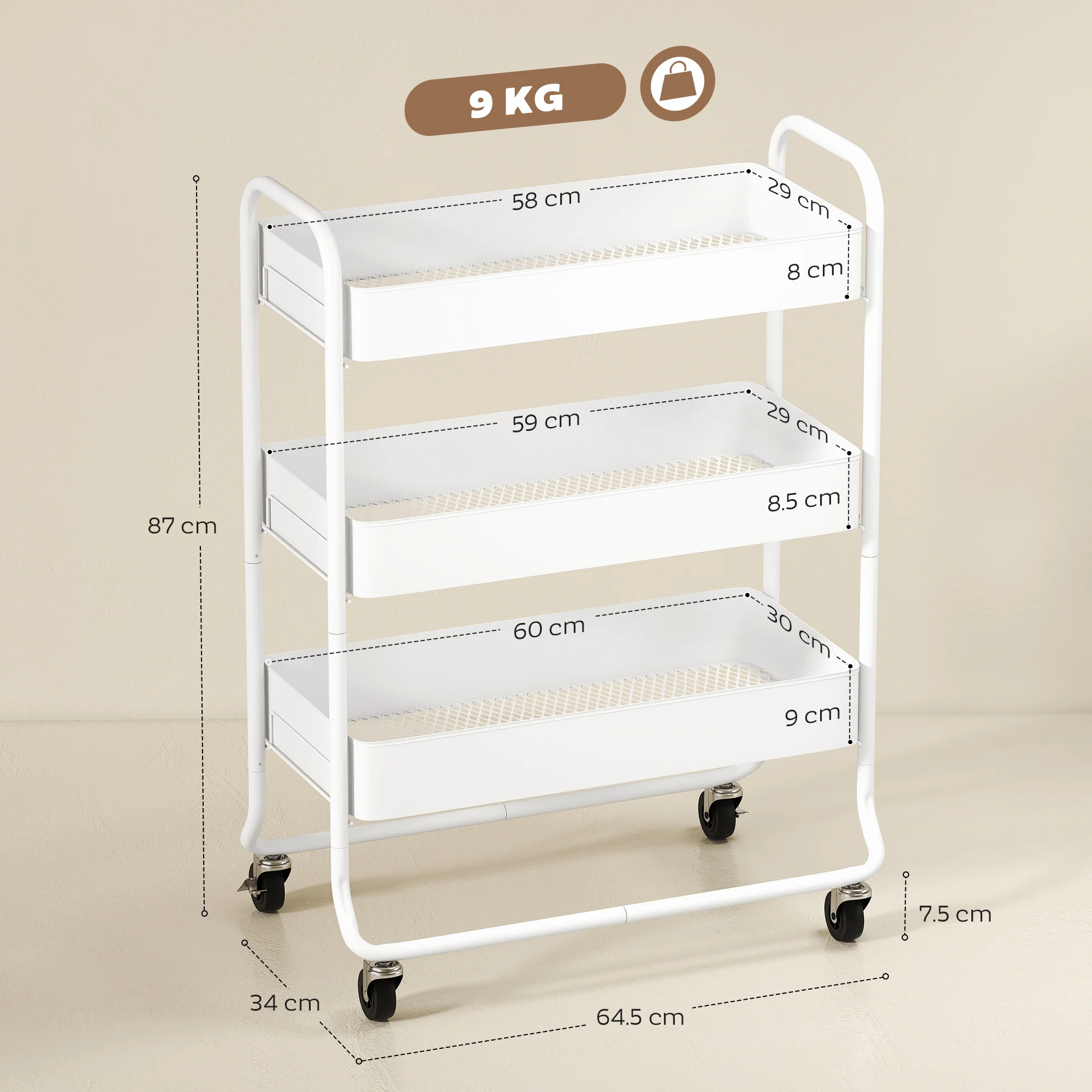 HOMCOM 3-Tier Storage Trolley, Storage Cart With Mesh Backets, Wheels, White - Image 5