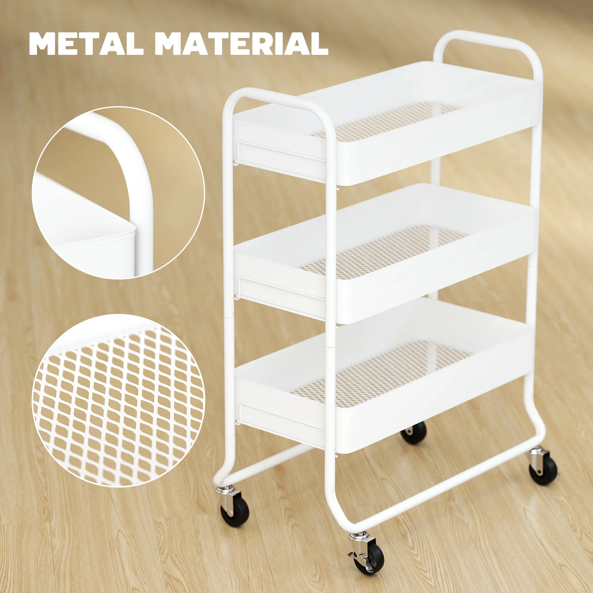 HOMCOM 3-Tier Storage Trolley, Storage Cart With Mesh Backets, Wheels, White - Image 6