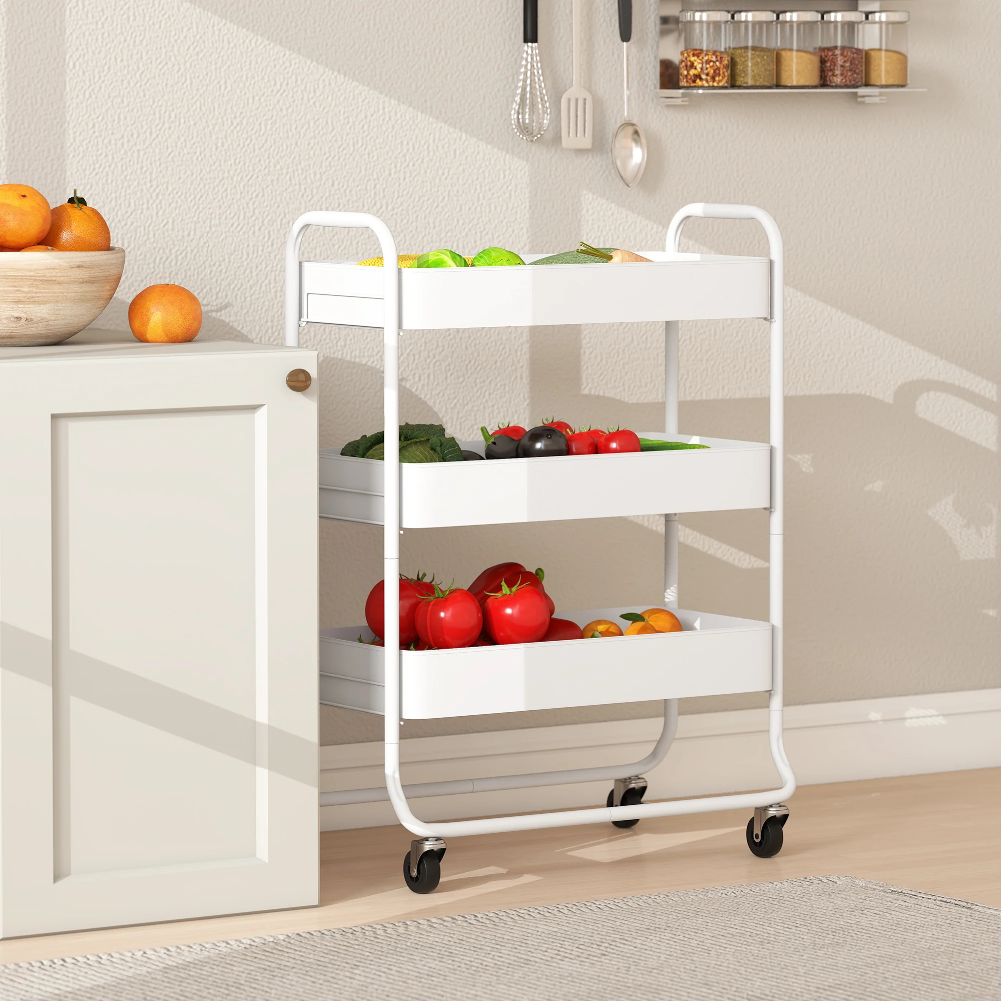 HOMCOM 3-Tier Storage Trolley, Storage Cart With Mesh Backets, Wheels, White - Image 7