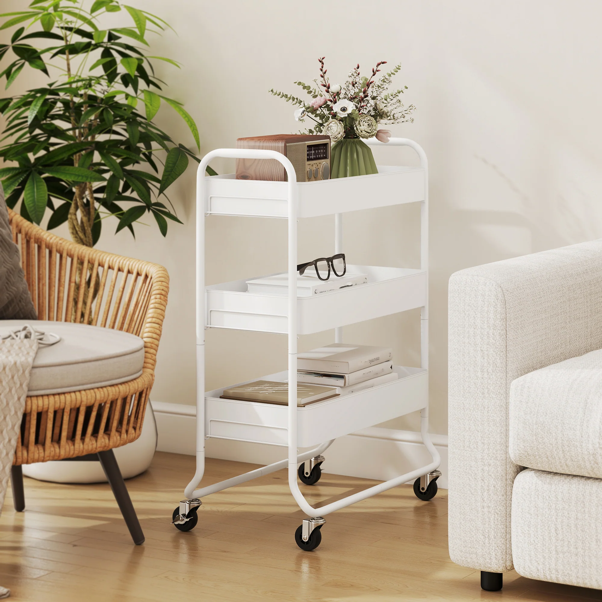 HOMCOM 3-Tier Storage Trolley, Storage Cart With Mesh Backets, Wheels, White - Image 8