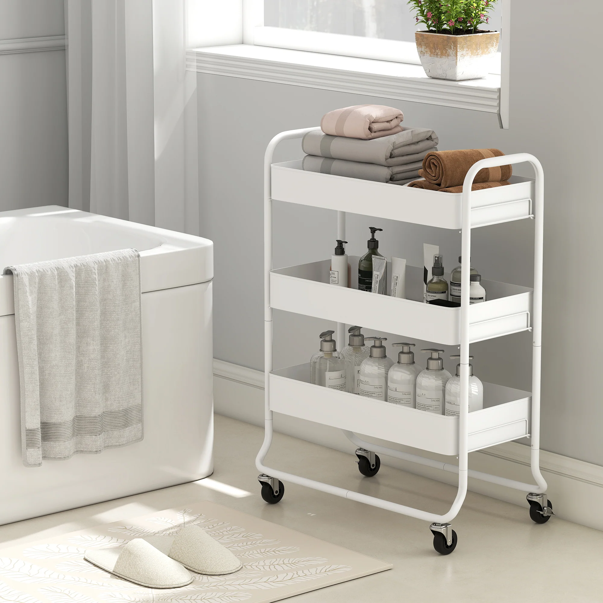 HOMCOM 3-Tier Storage Trolley, Storage Cart With Mesh Backets, Wheels, White - Image 9