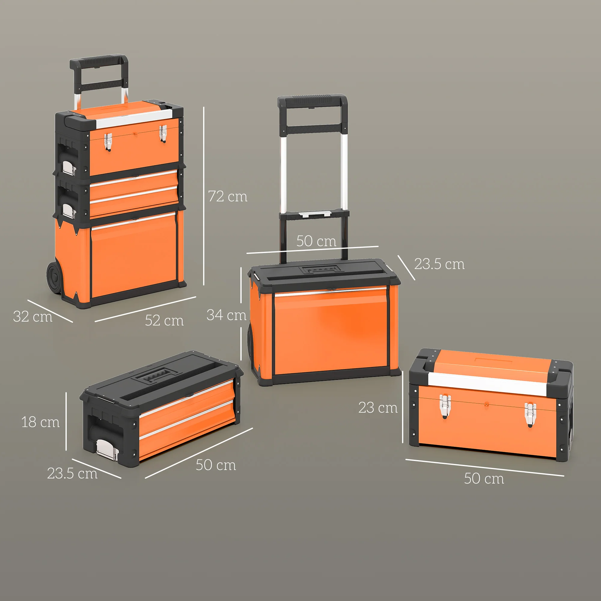 HOMCOM 3-Tier Tool Box With Wheels, Stackable Steel Toolbox - Image 5