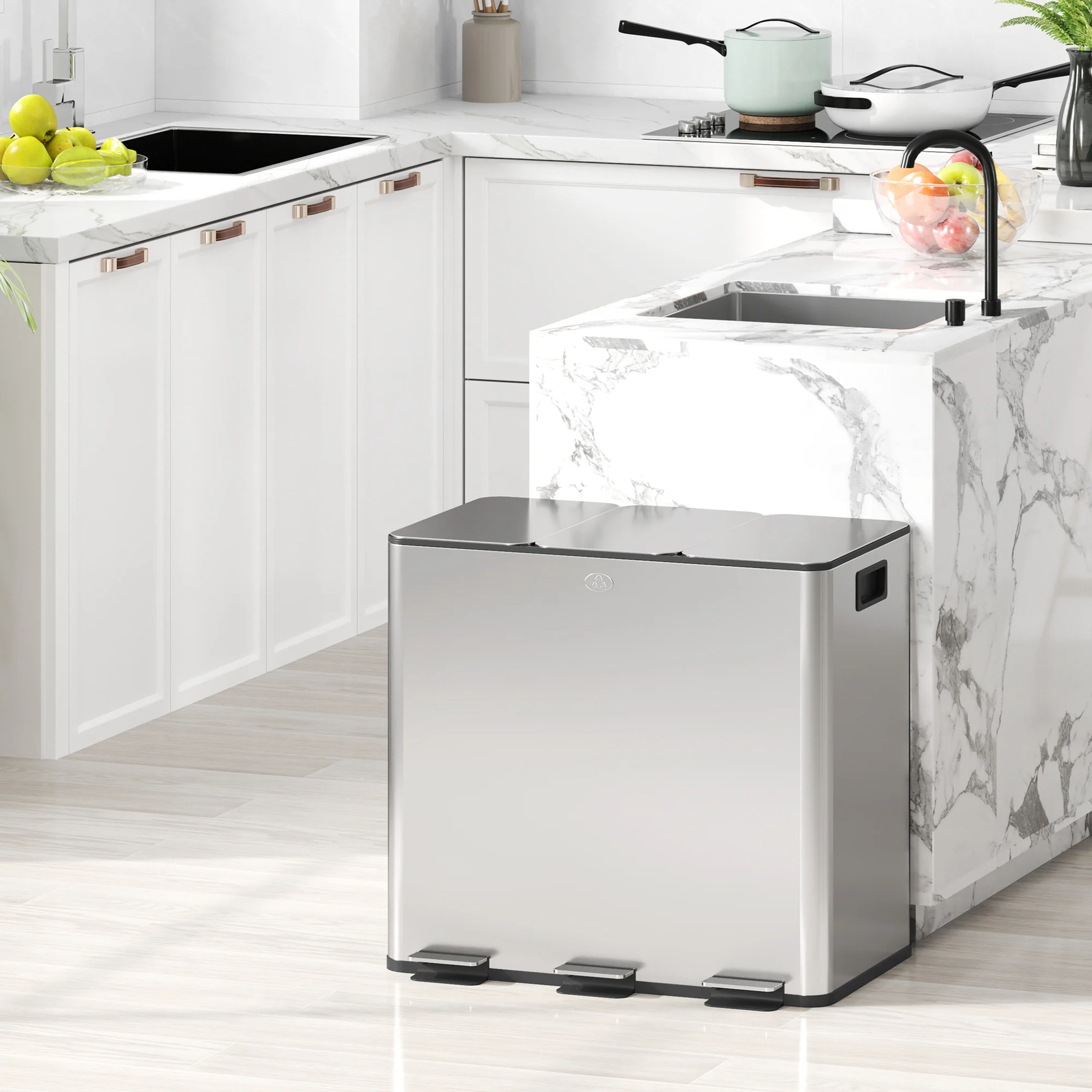 HOMCOM 3 x 15L Triple Kitchen Bin Pedal Bin for Recycling and Waste - Image 11