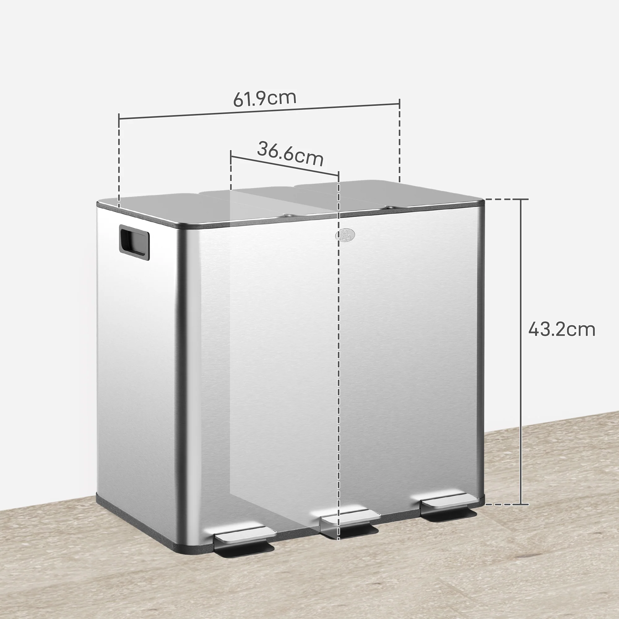 HOMCOM 3 x 15L Triple Kitchen Bin Pedal Bin for Recycling and Waste - Image 14