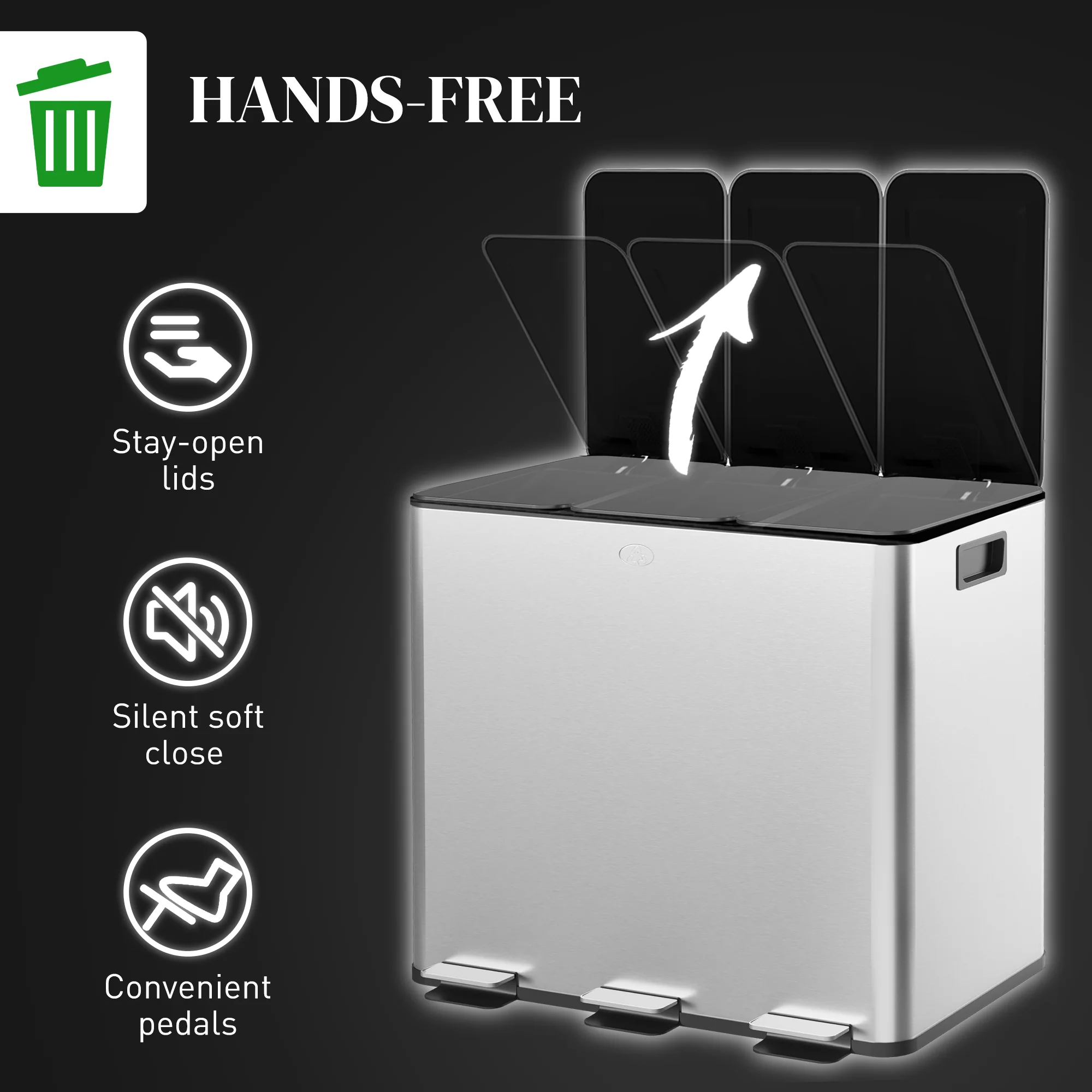 HOMCOM 3 x 15L Triple Kitchen Bin Pedal Bin for Recycling and Waste - Image 15