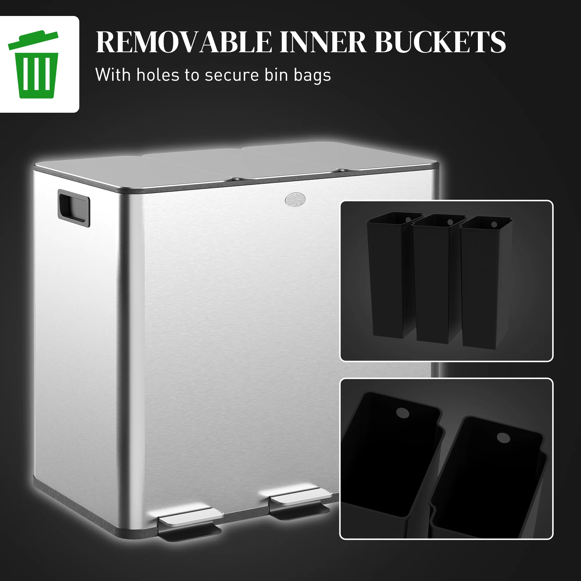 HOMCOM 3 x 15L Triple Kitchen Bin Pedal Bin for Recycling and Waste - Image 16