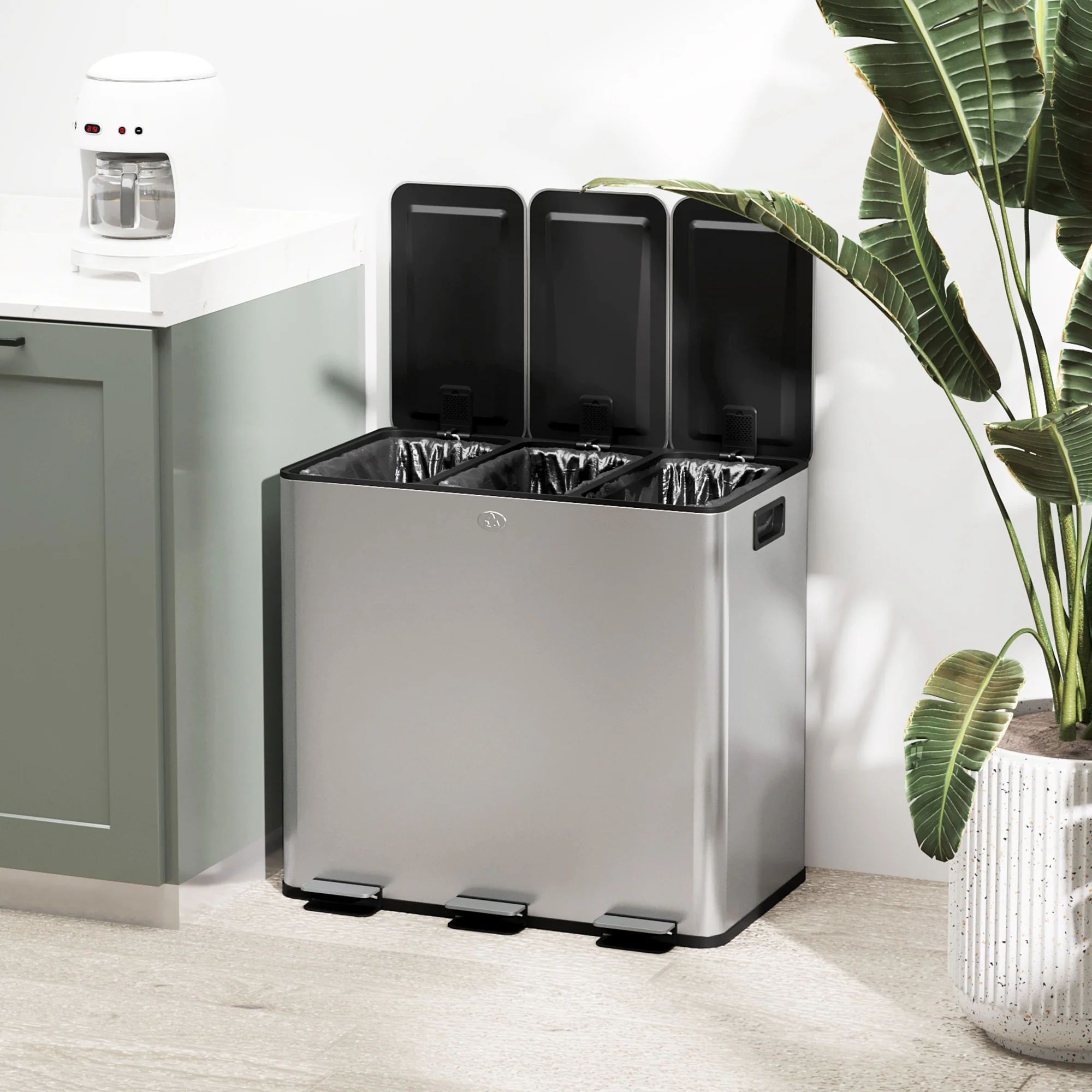 HOMCOM 3 x 15L Triple Kitchen Bin Pedal Bin for Recycling and Waste - Image 18