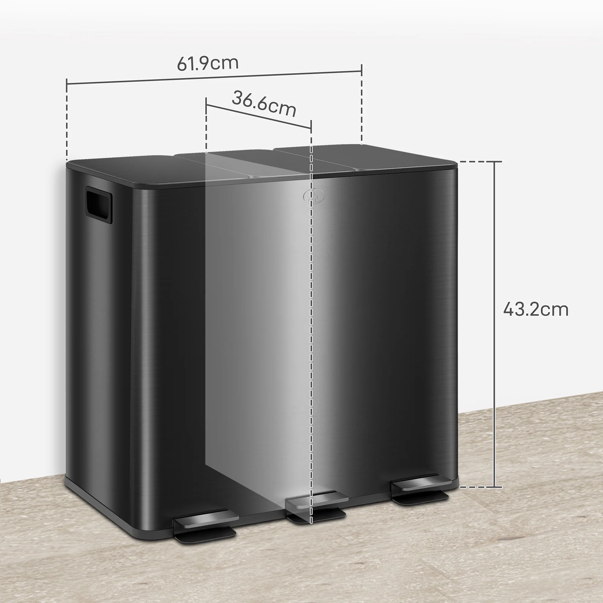 HOMCOM 3 x 15L Triple Kitchen Bin Pedal Bin for Recycling and Waste - Image 5