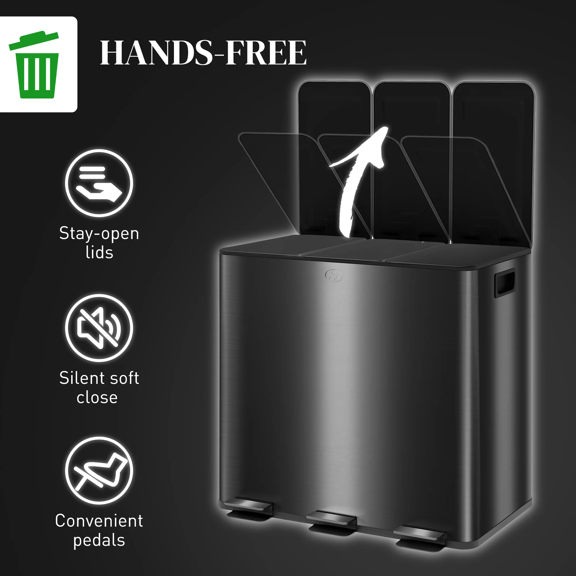 HOMCOM 3 x 15L Triple Kitchen Bin Pedal Bin for Recycling and Waste - Image 6