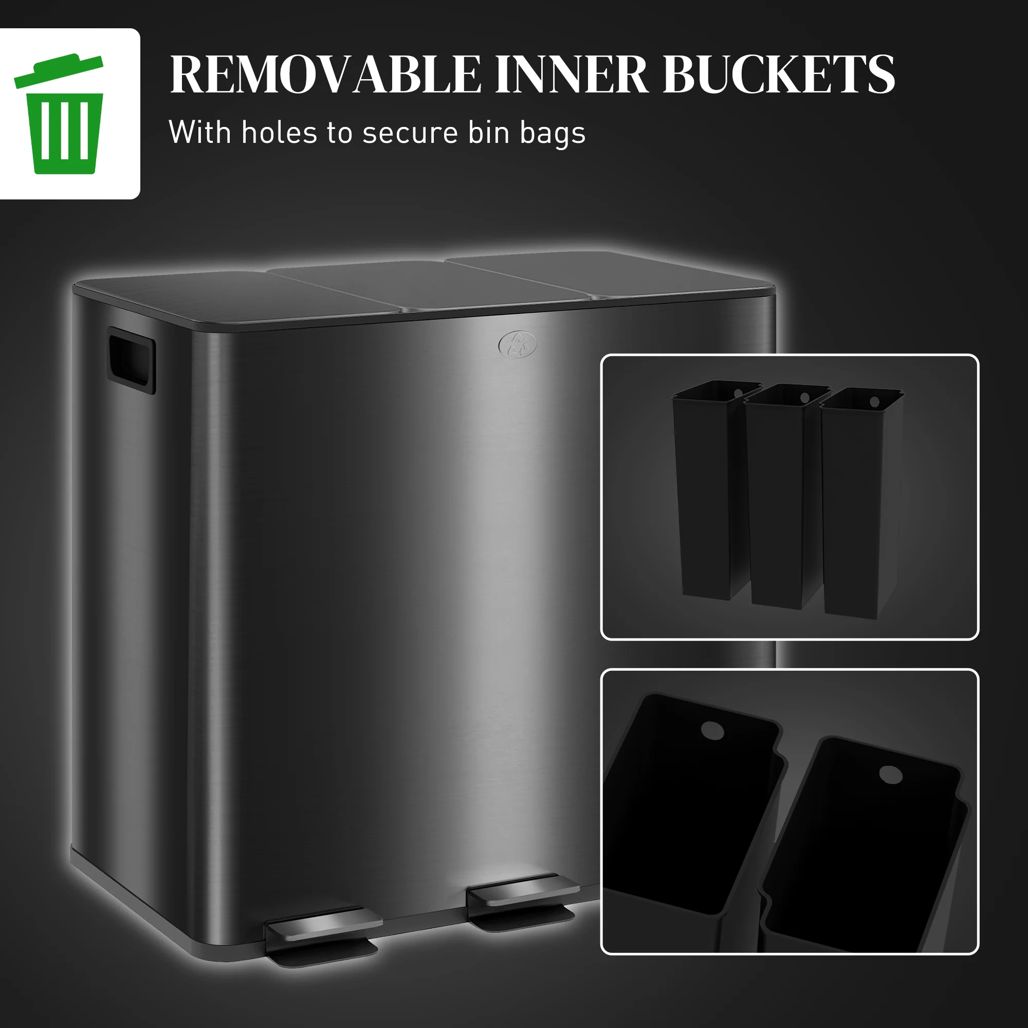 HOMCOM 3 x 15L Triple Kitchen Bin Pedal Bin for Recycling and Waste - Image 7