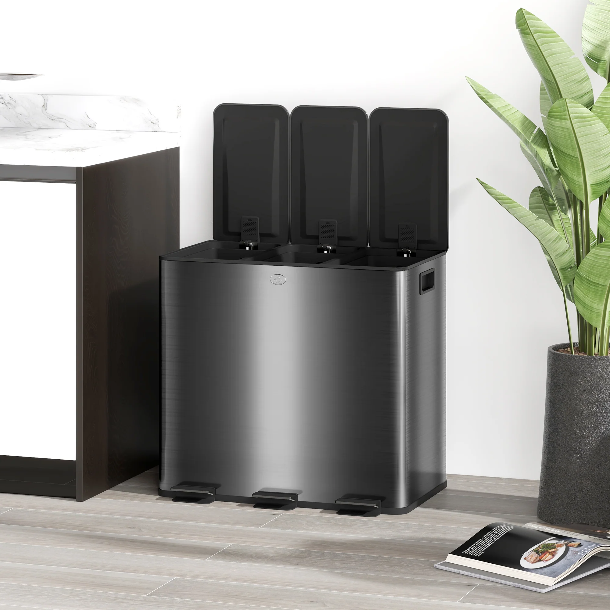 HOMCOM 3 x 15L Triple Kitchen Bin Pedal Bin for Recycling and Waste - Image 9