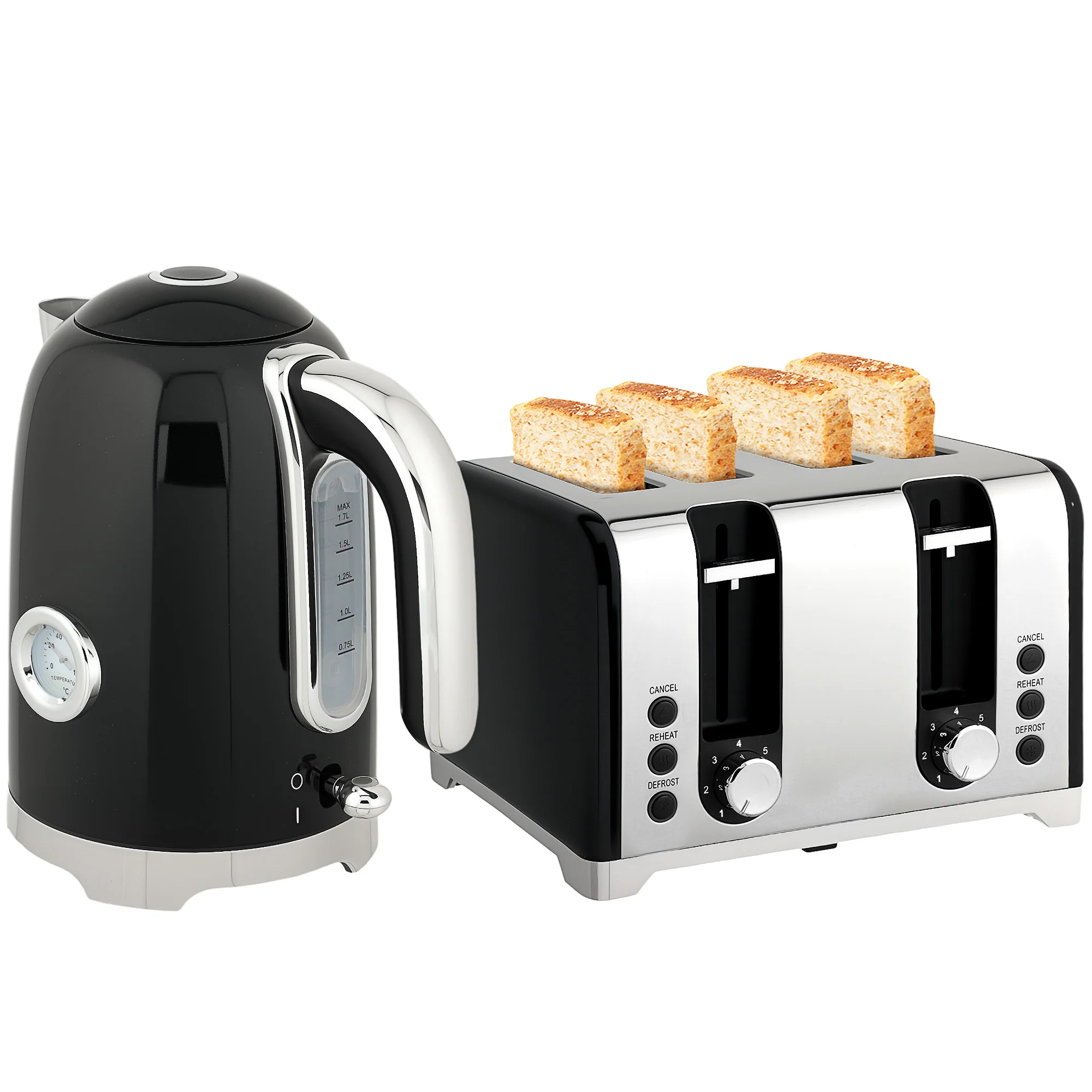 HOMCOM 3000W 1.7L Kettle With Retro Thermometer, 4 Slice Toaster Set, Black
