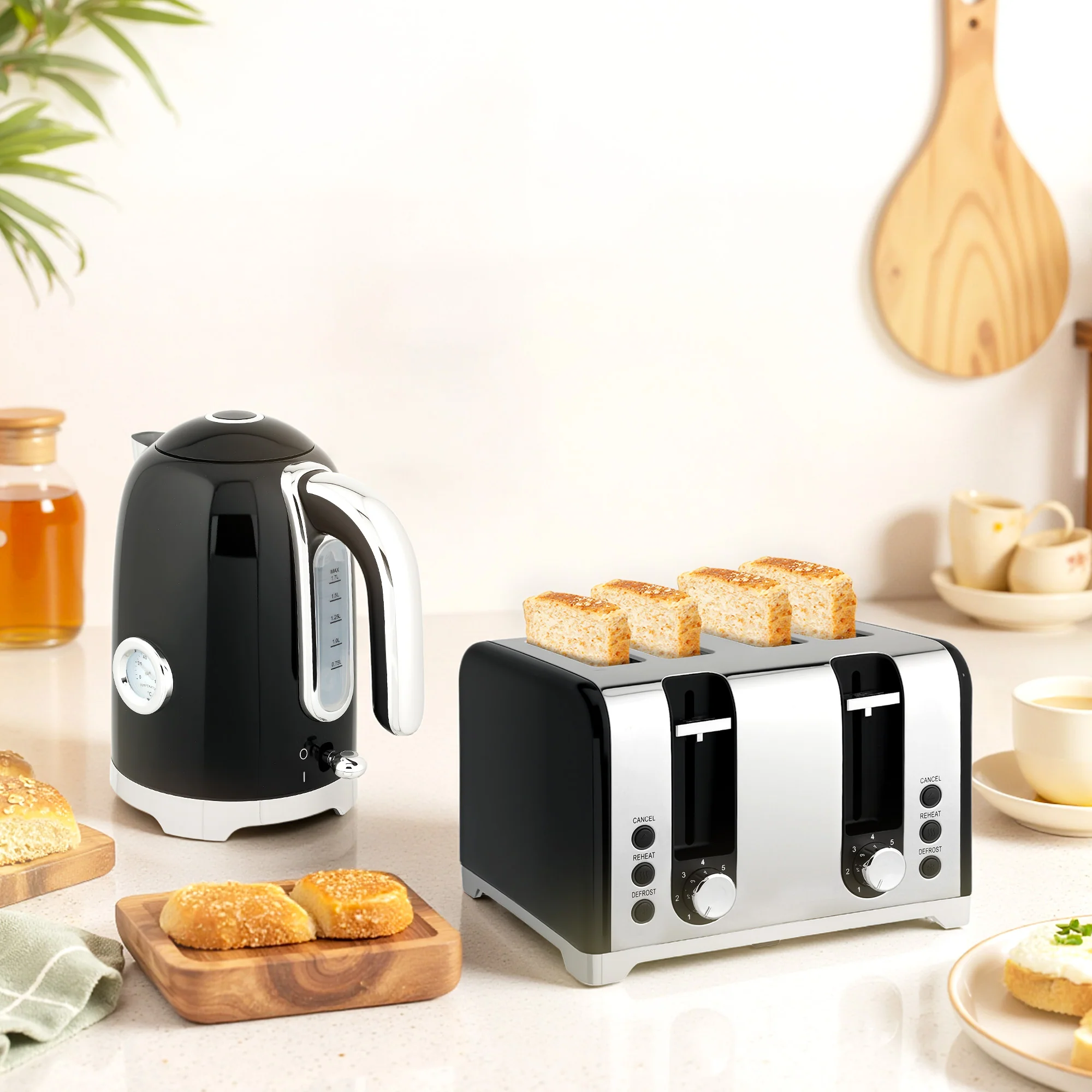 HOMCOM 3000W 1.7L Kettle With Retro Thermometer, 4 Slice Toaster Set, Black - Image 2