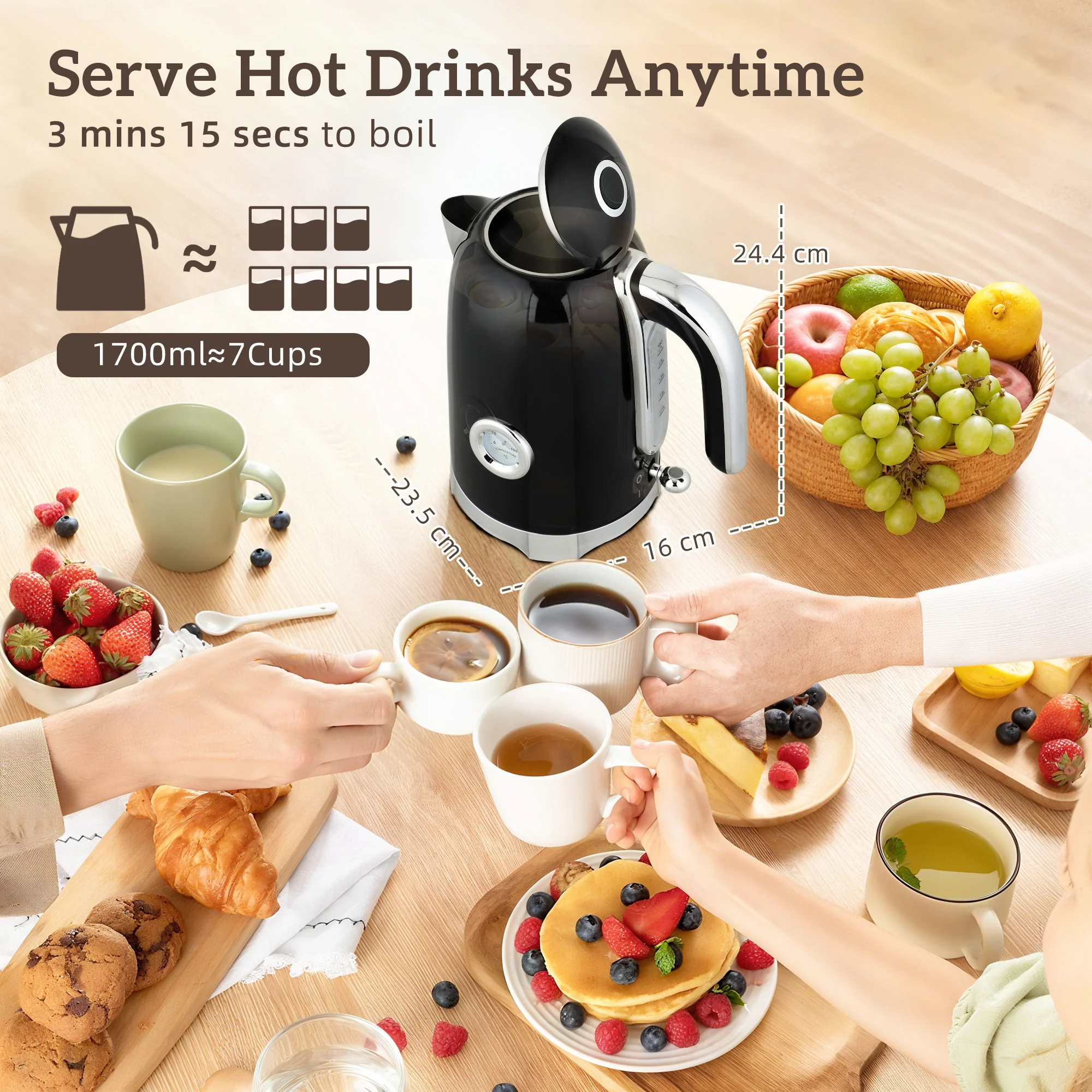 HOMCOM 3000W 1.7L Kettle With Retro Thermometer, 4 Slice Toaster Set, Black - Image 3