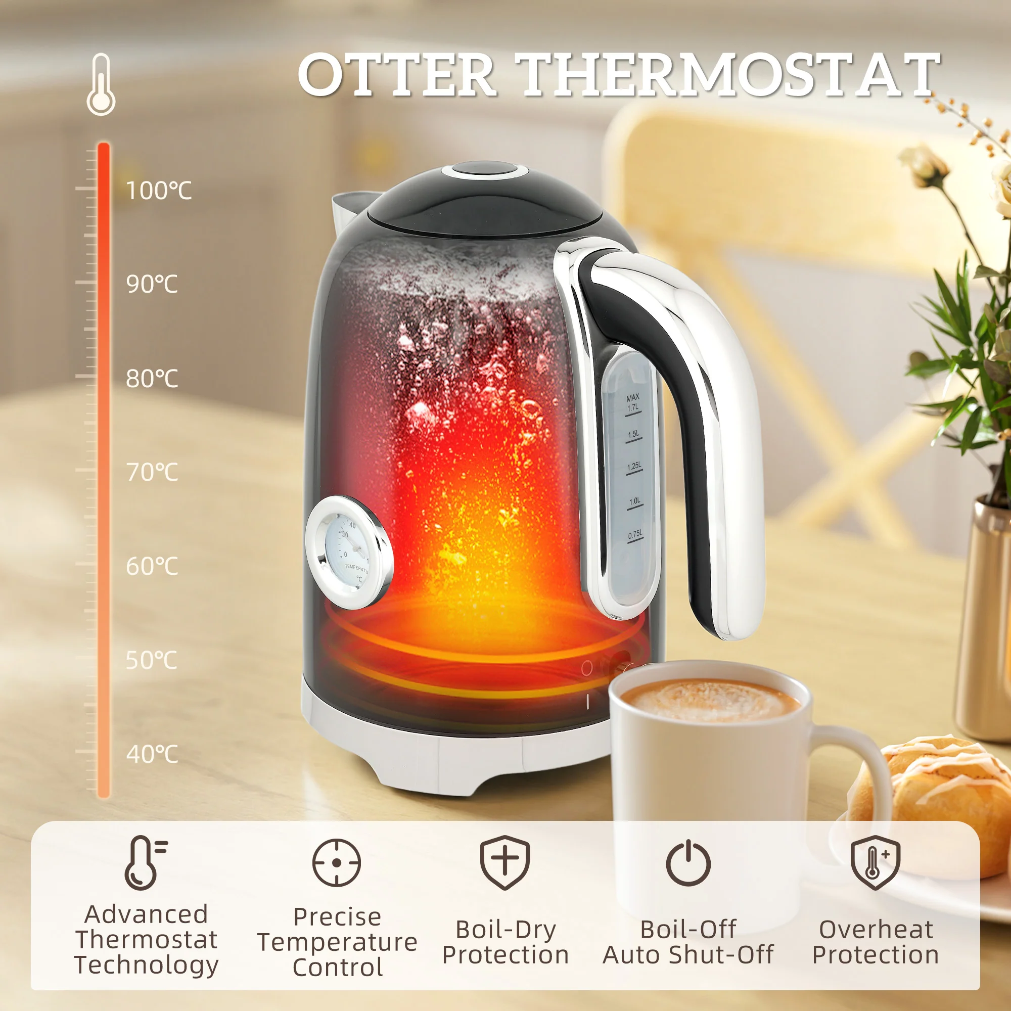 HOMCOM 3000W 1.7L Kettle With Retro Thermometer, 4 Slice Toaster Set, Black - Image 4
