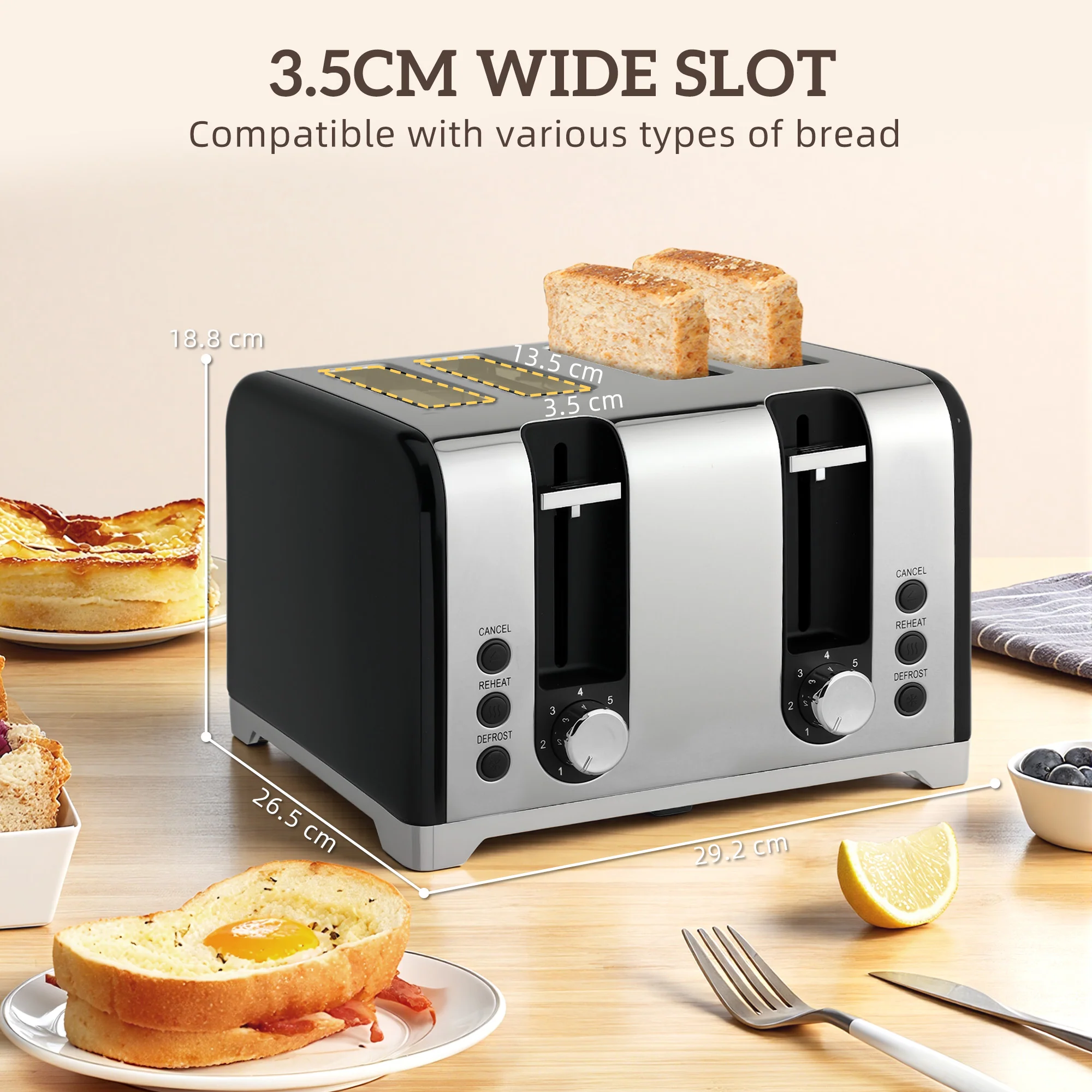 HOMCOM 3000W 1.7L Kettle With Retro Thermometer, 4 Slice Toaster Set, Black - Image 8