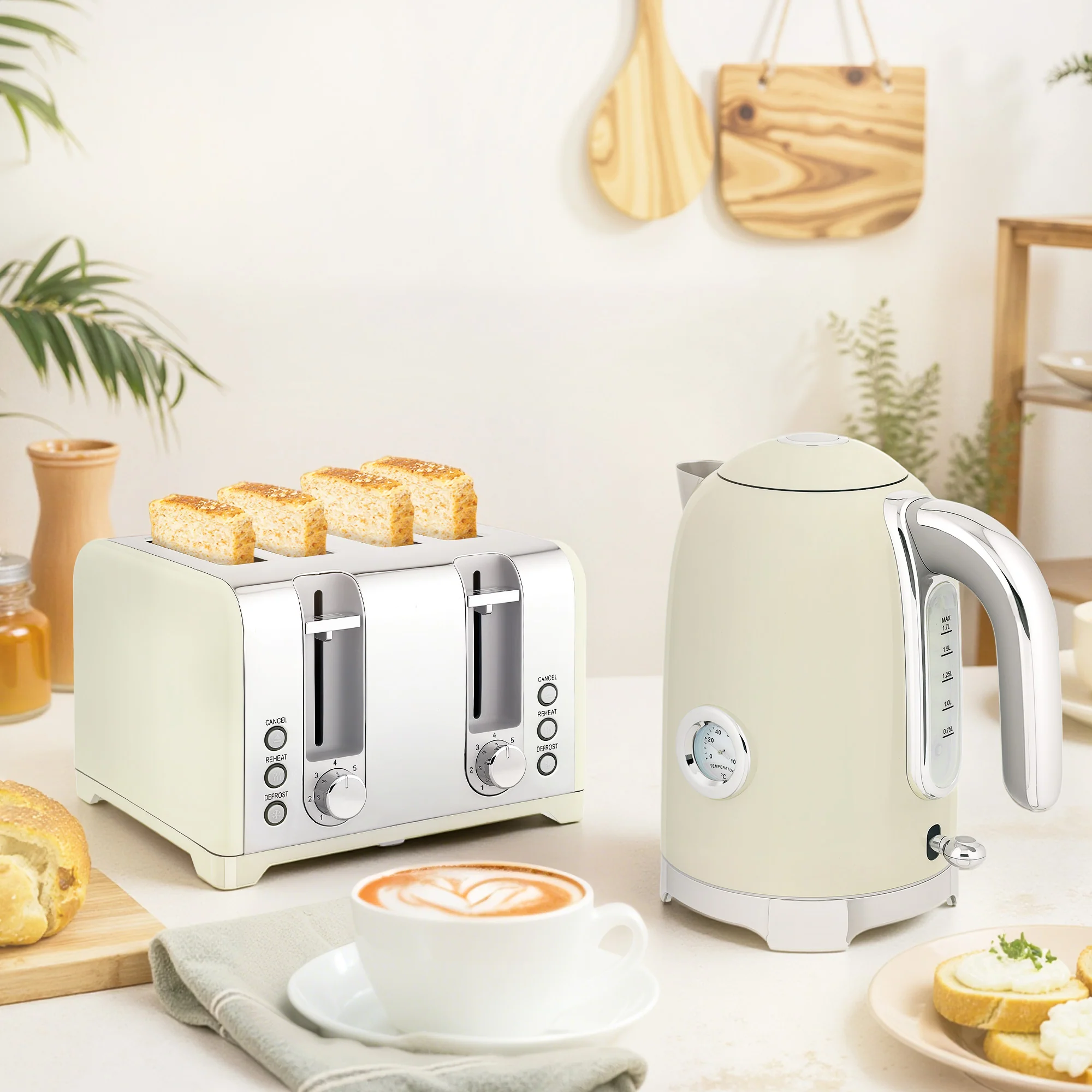 HOMCOM 3000W 1.7L Kettle With Retro Thermometer, 4 Slice Toaster Set, Grey - Image 2