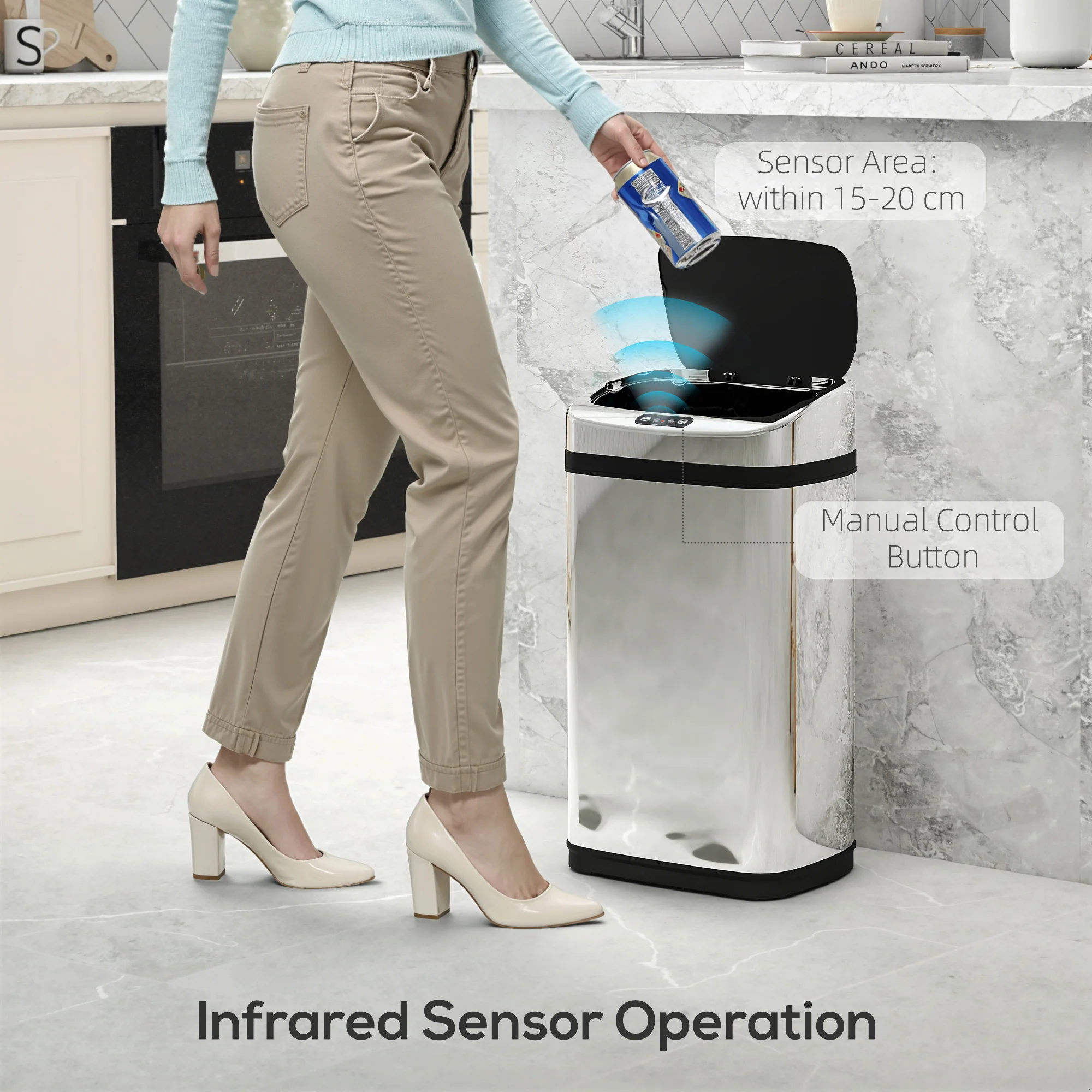 HOMCOM 30L Automatic Silver Kitchen Bin With Lid And Infrared Motion Sensor - Image 5