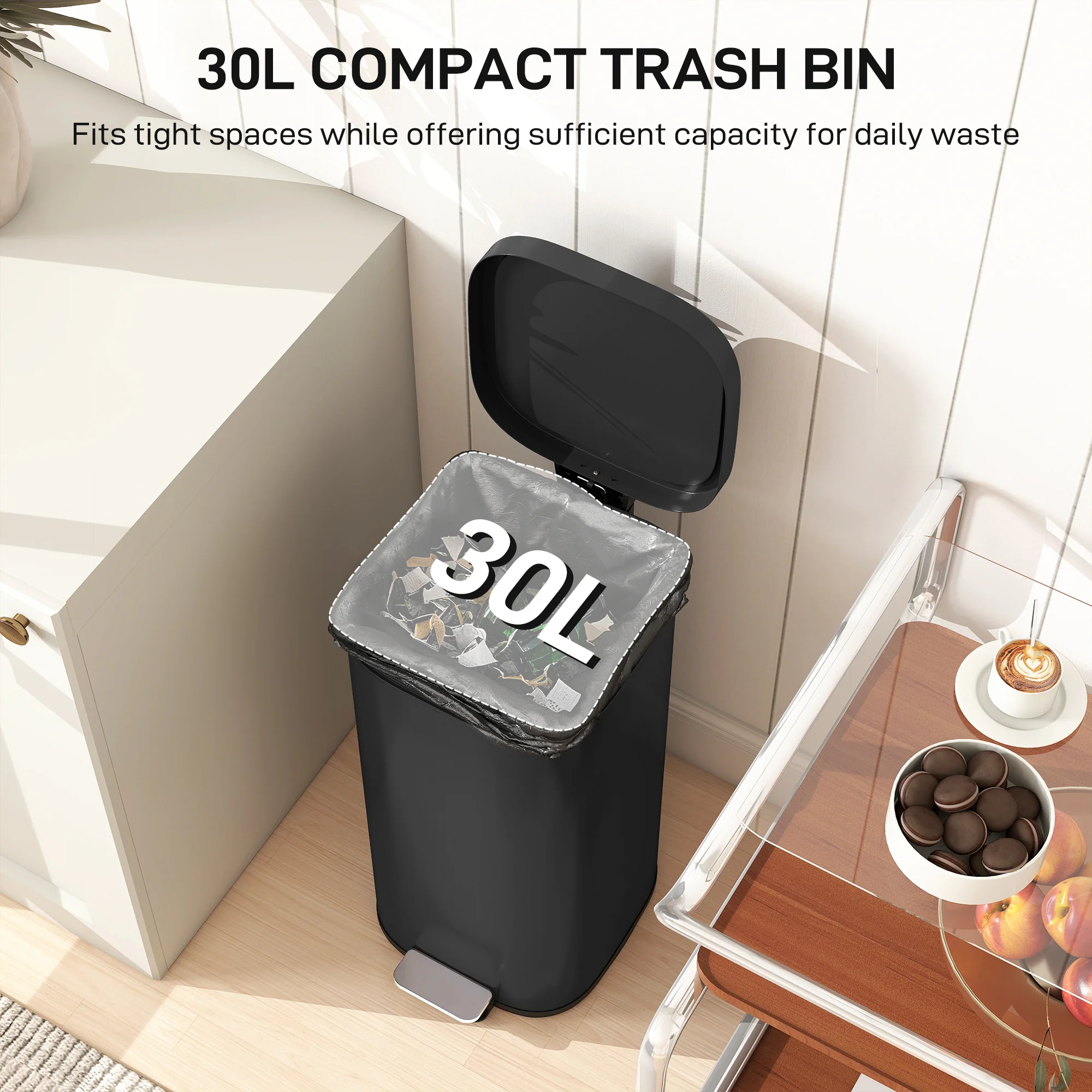 HOMCOM 30L Kitchen Bin, Pedal Bin with Lid, Removable Inner Bucket, Black - Image 3