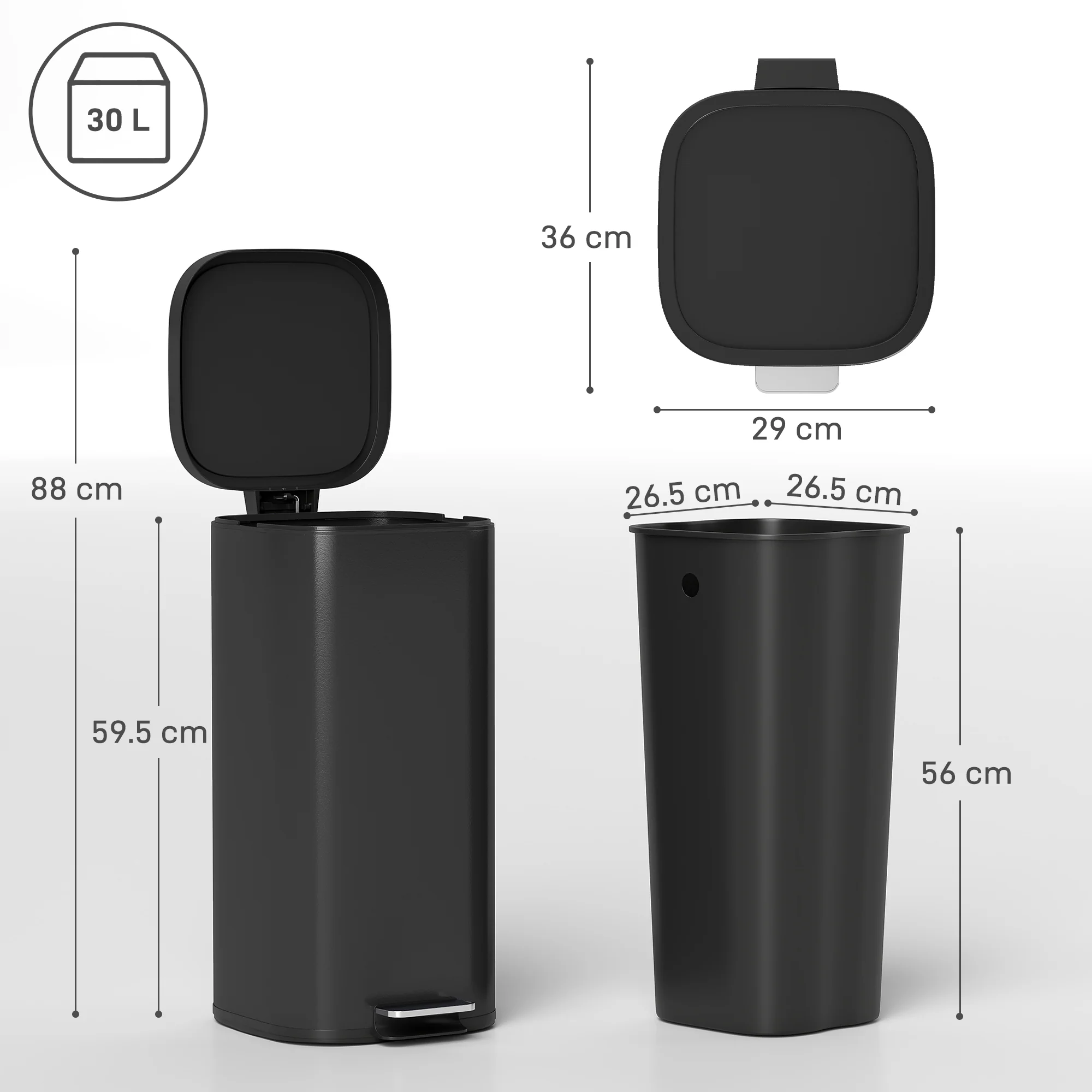 HOMCOM 30L Kitchen Bin, Pedal Bin with Lid, Removable Inner Bucket, Black - Image 5
