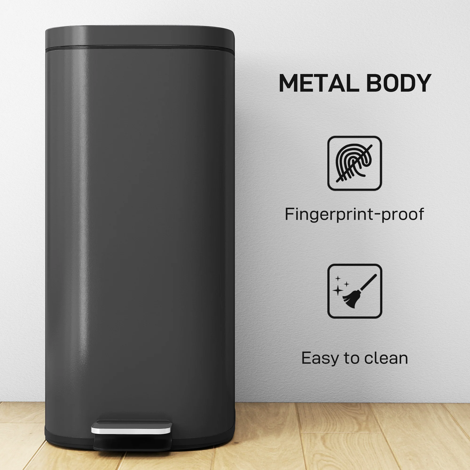HOMCOM 30L Kitchen Bin, Pedal Bin with Lid, Removable Inner Bucket, Black - Image 7