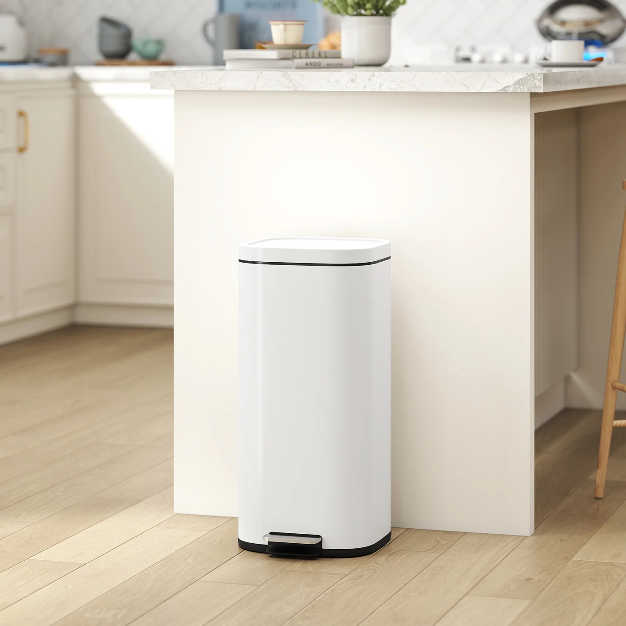 HOMCOM 30L Kitchen Bin, Pedal Bin with Lid, Removable Inner Bucket, Cream - Image 2