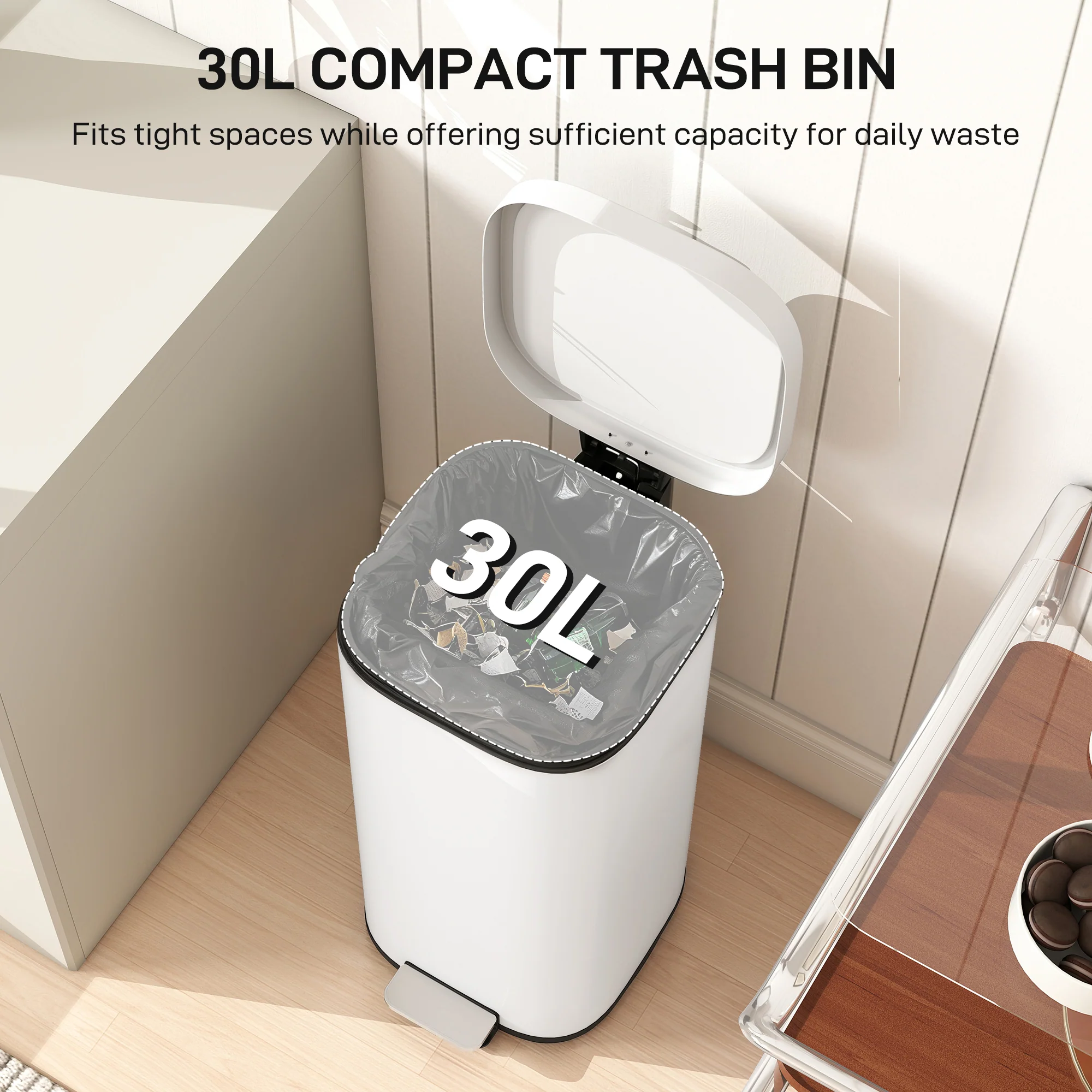 HOMCOM 30L Kitchen Bin, Pedal Bin with Lid, Removable Inner Bucket, Cream - Image 3