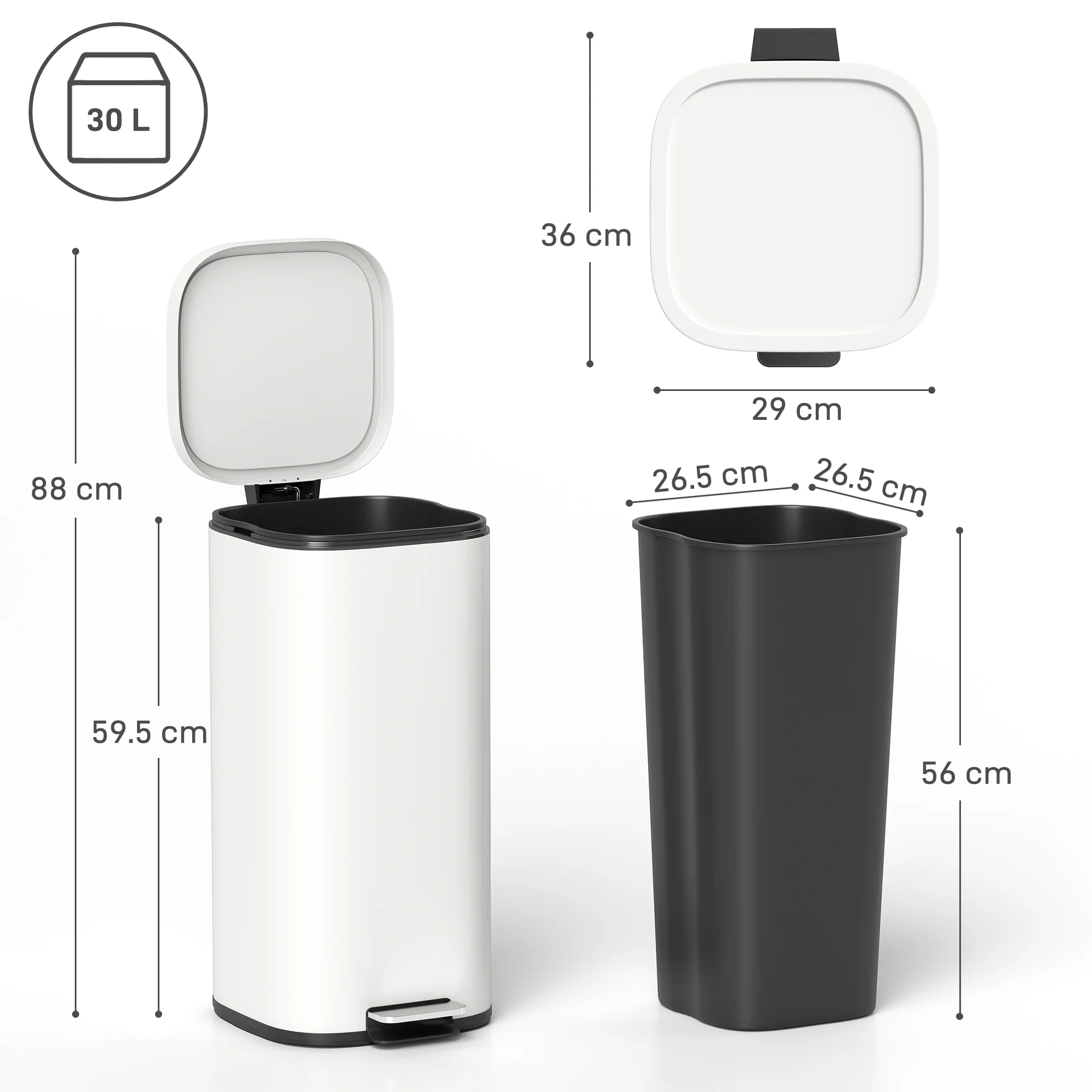 HOMCOM 30L Kitchen Bin, Pedal Bin with Lid, Removable Inner Bucket, Cream - Image 5
