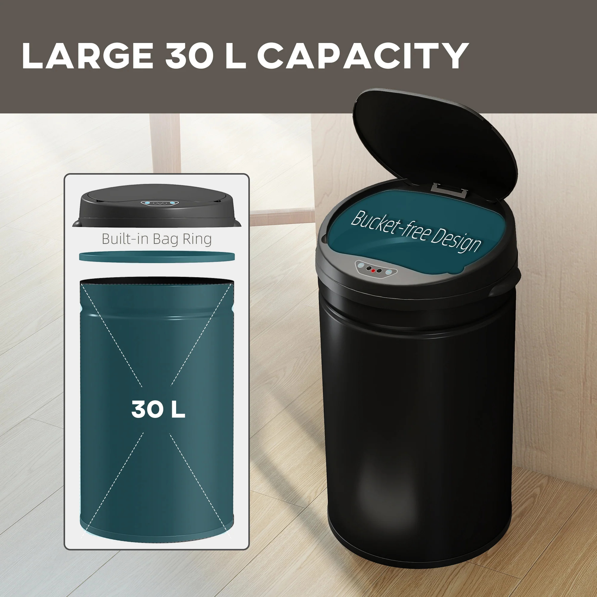 HOMCOM 30L Sensor Bin With Soft-Close Lid, Automatic Touchless Kitchen Bin - Image 4