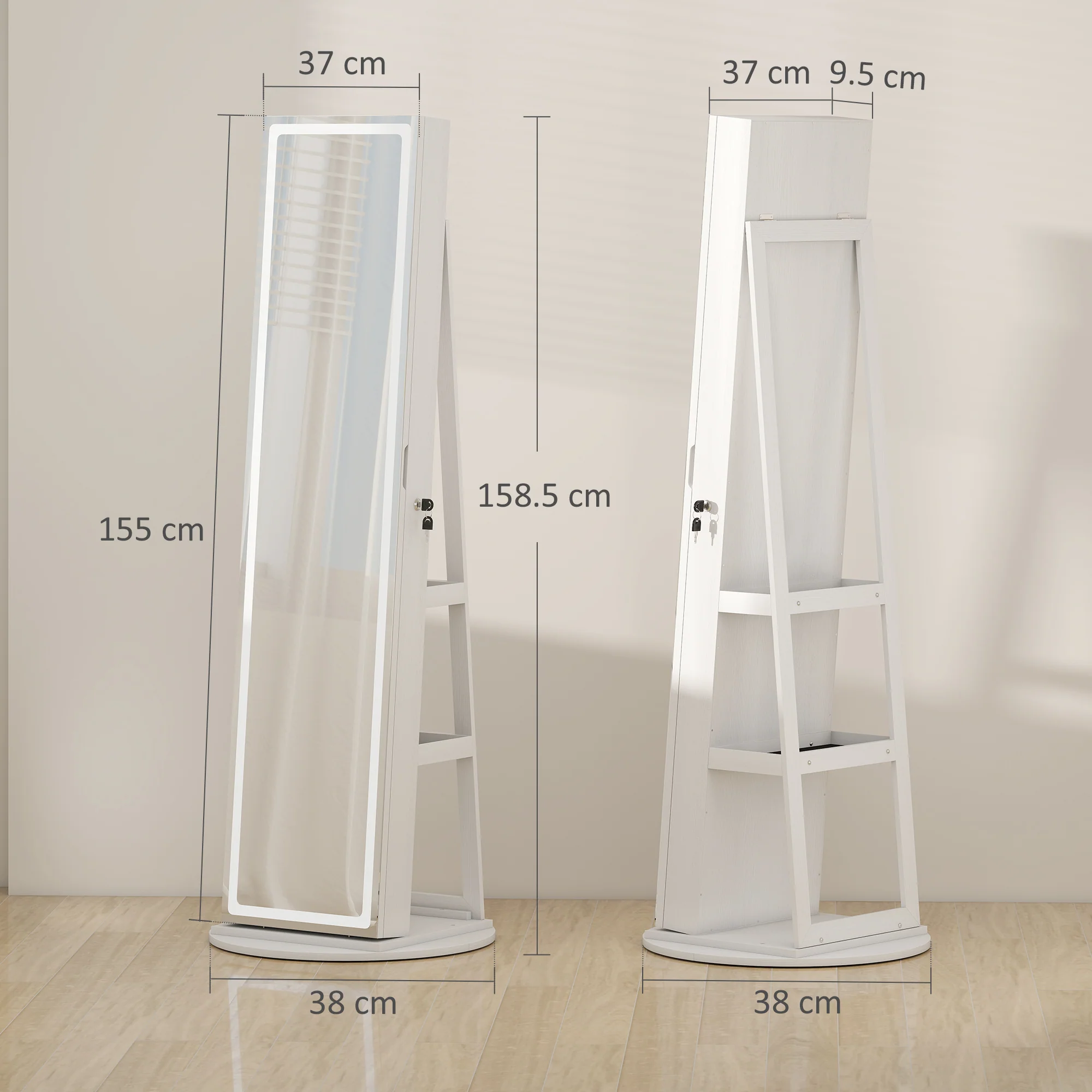 HOMCOM 360° Swivel Jewellery Cabinet, Full Length Mirror With Storage, White - Image 5