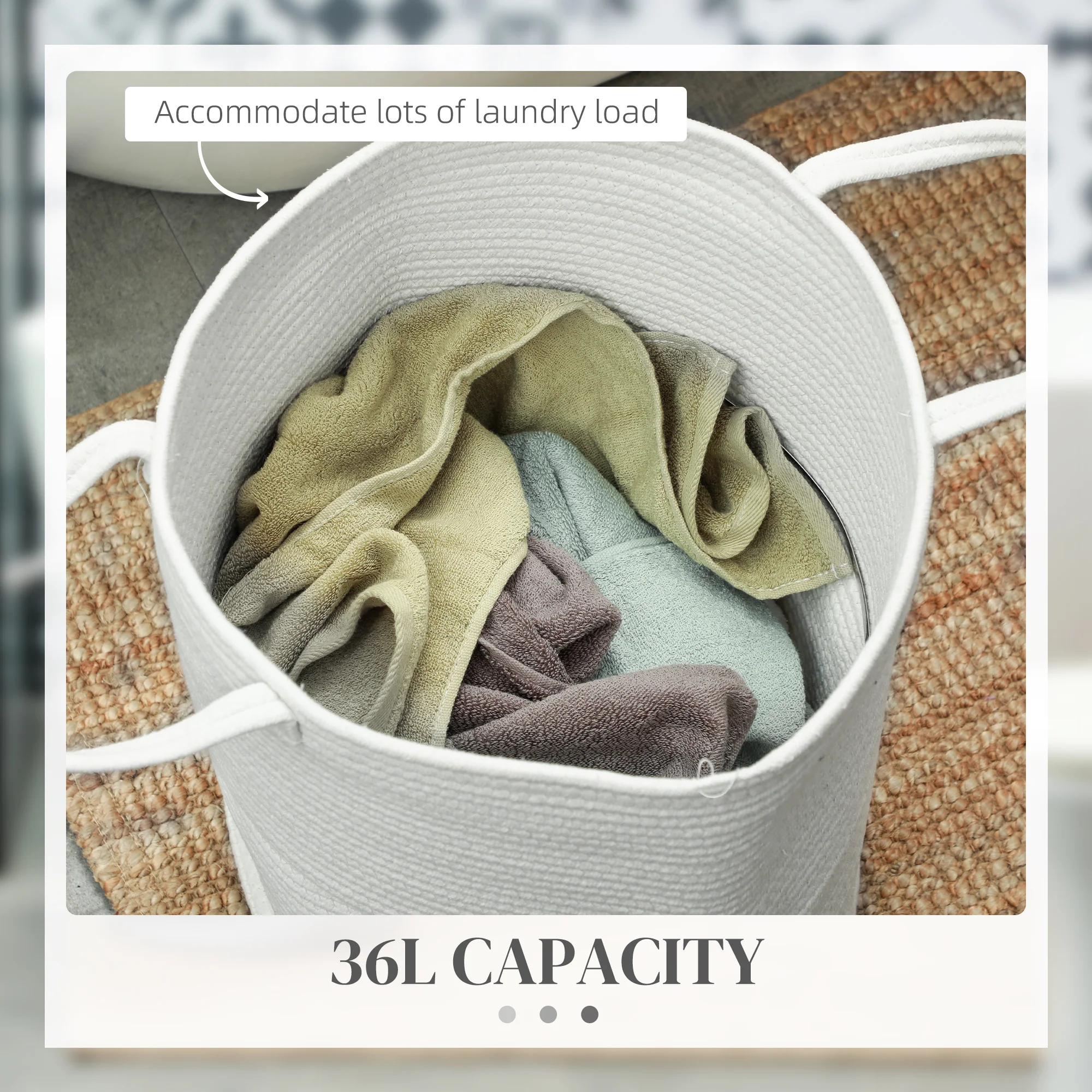 HOMCOM 36L Cotton Rope Laundry Basket With Handles For Pillows Clothes Grey/Cream - Image 14