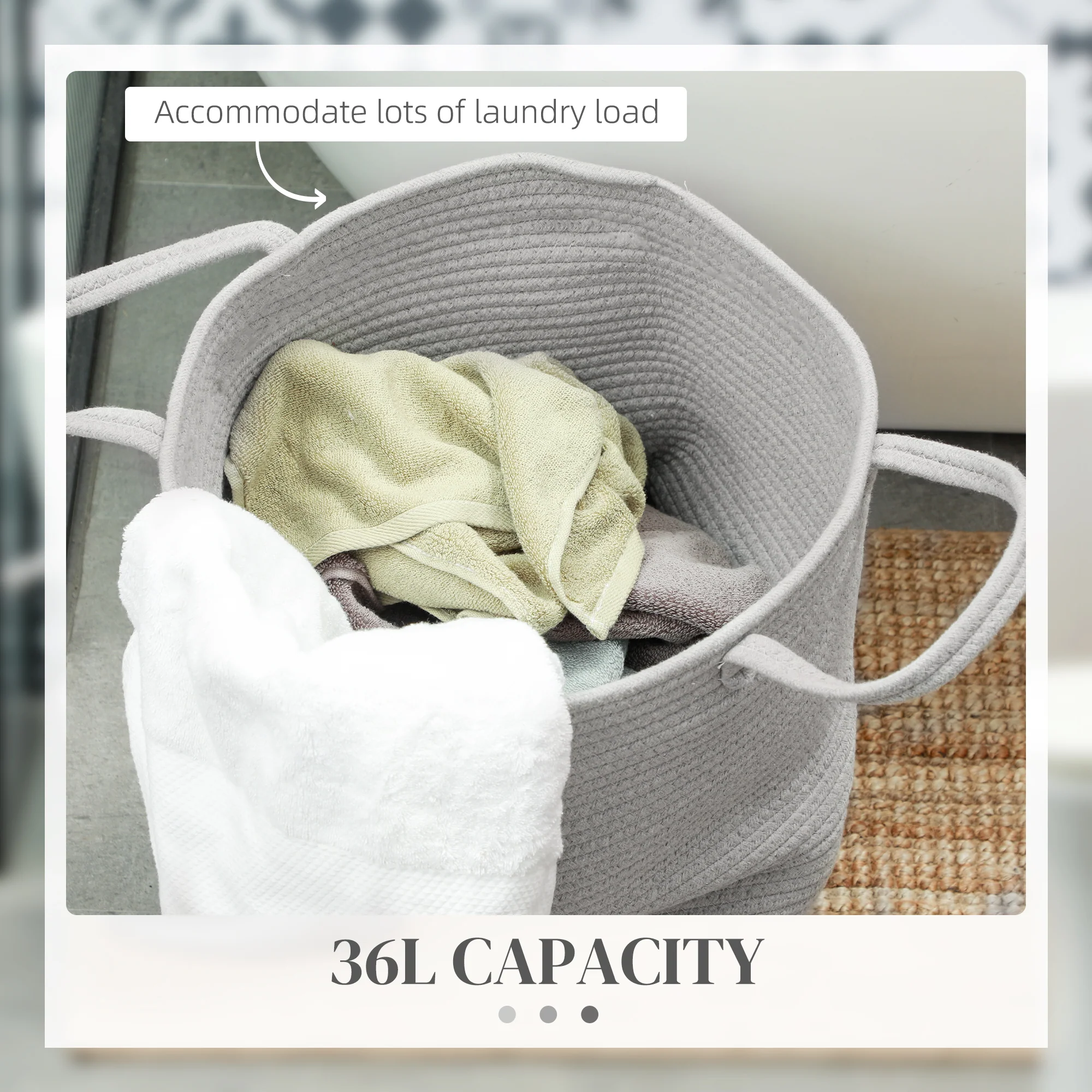 HOMCOM 36L Cotton Rope Laundry Basket With Handles For Pillows Clothes Grey/Cream - Image 4