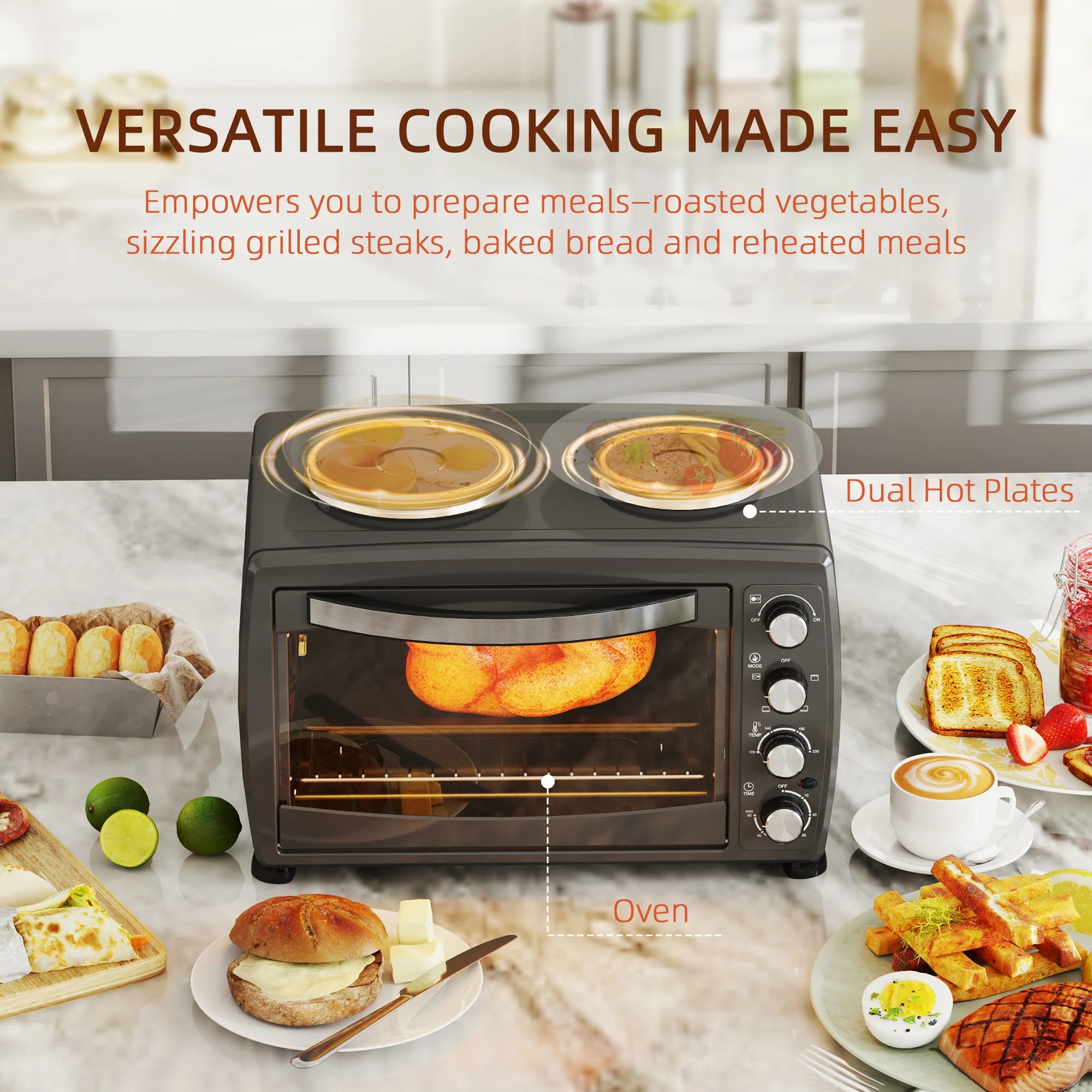 HOMCOM 36L Countertop Toaster Oven With 2 Hot Plates, Grill, Roast, Bake - Image 3