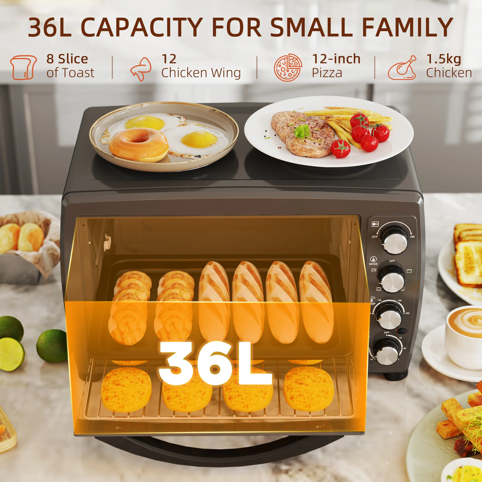 HOMCOM 36L Countertop Toaster Oven With 2 Hot Plates, Grill, Roast, Bake - Image 4