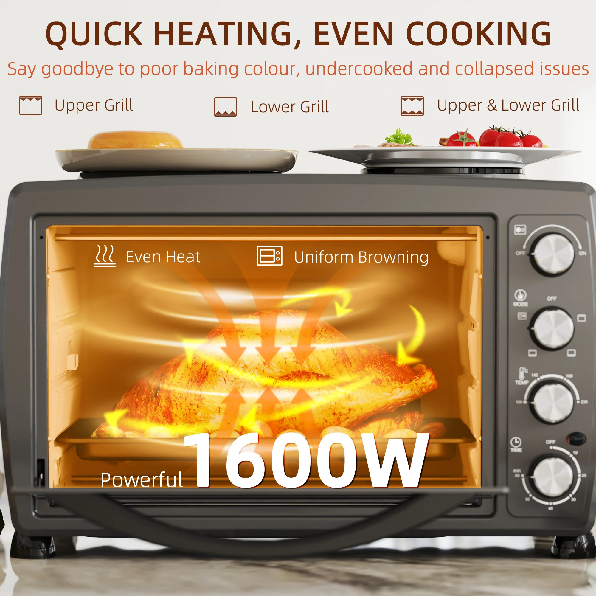 HOMCOM 36L Countertop Toaster Oven With 2 Hot Plates, Grill, Roast, Bake - Image 7