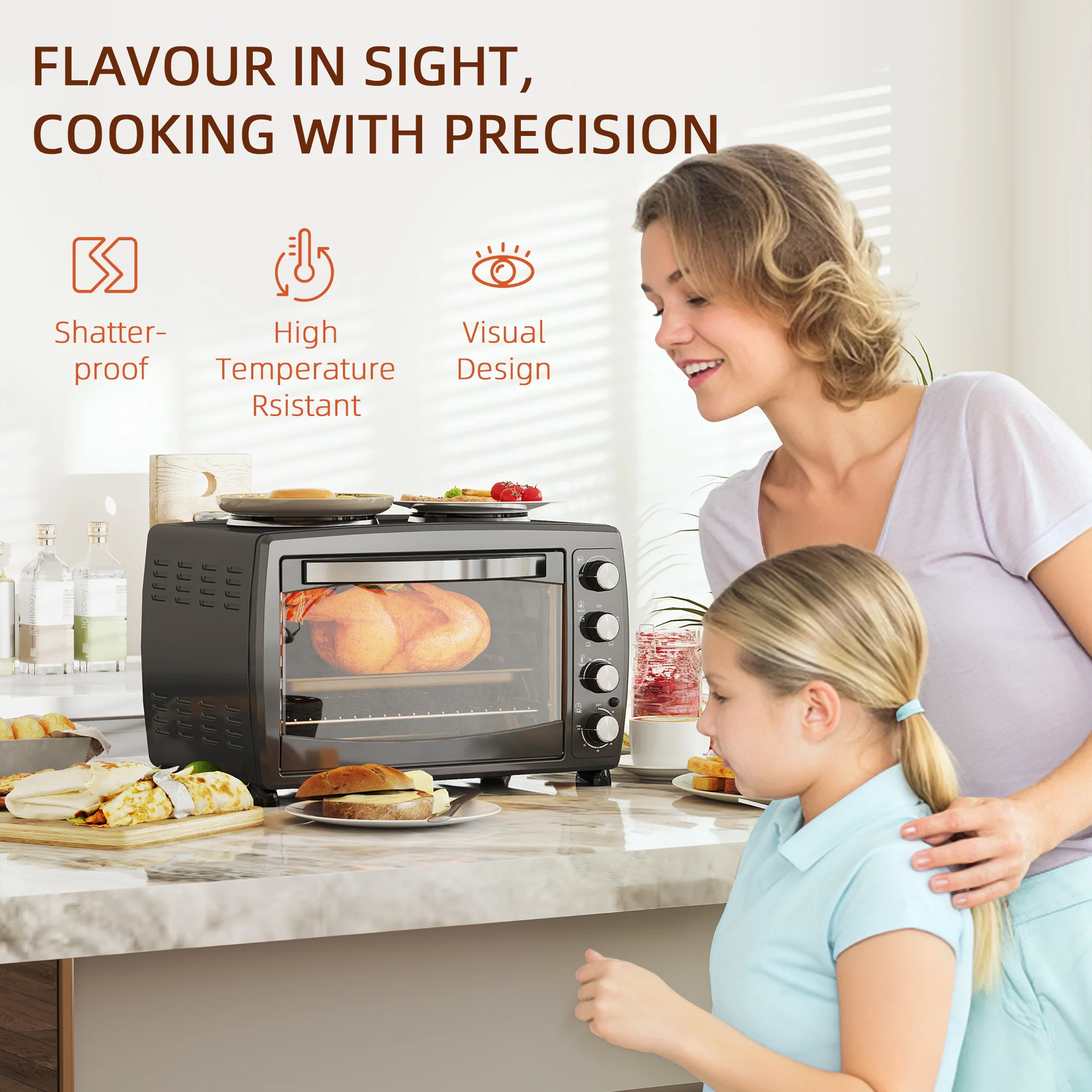 HOMCOM 36L Countertop Toaster Oven With 2 Hot Plates, Grill, Roast, Bake - Image 9