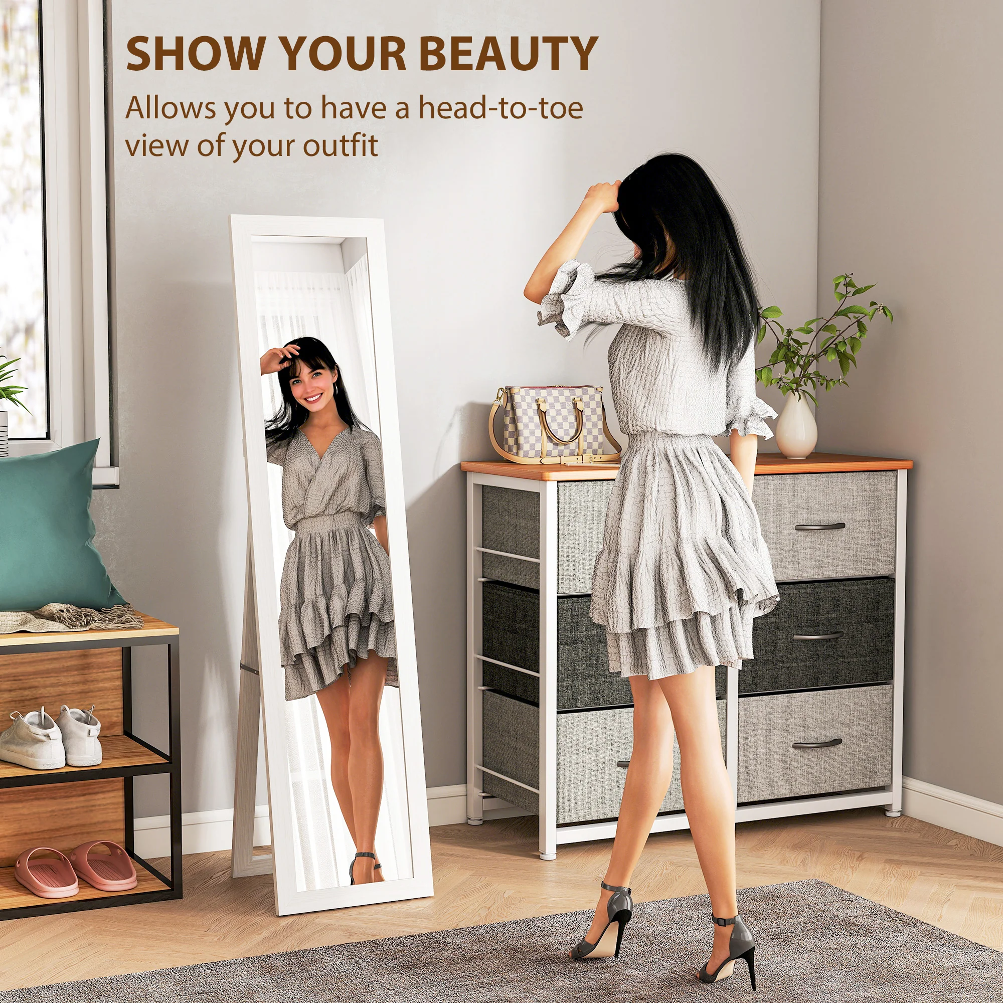 HOMCOM 37 x 157 cm Full Length Mirror with Frame for Bedroom, White - Image 3