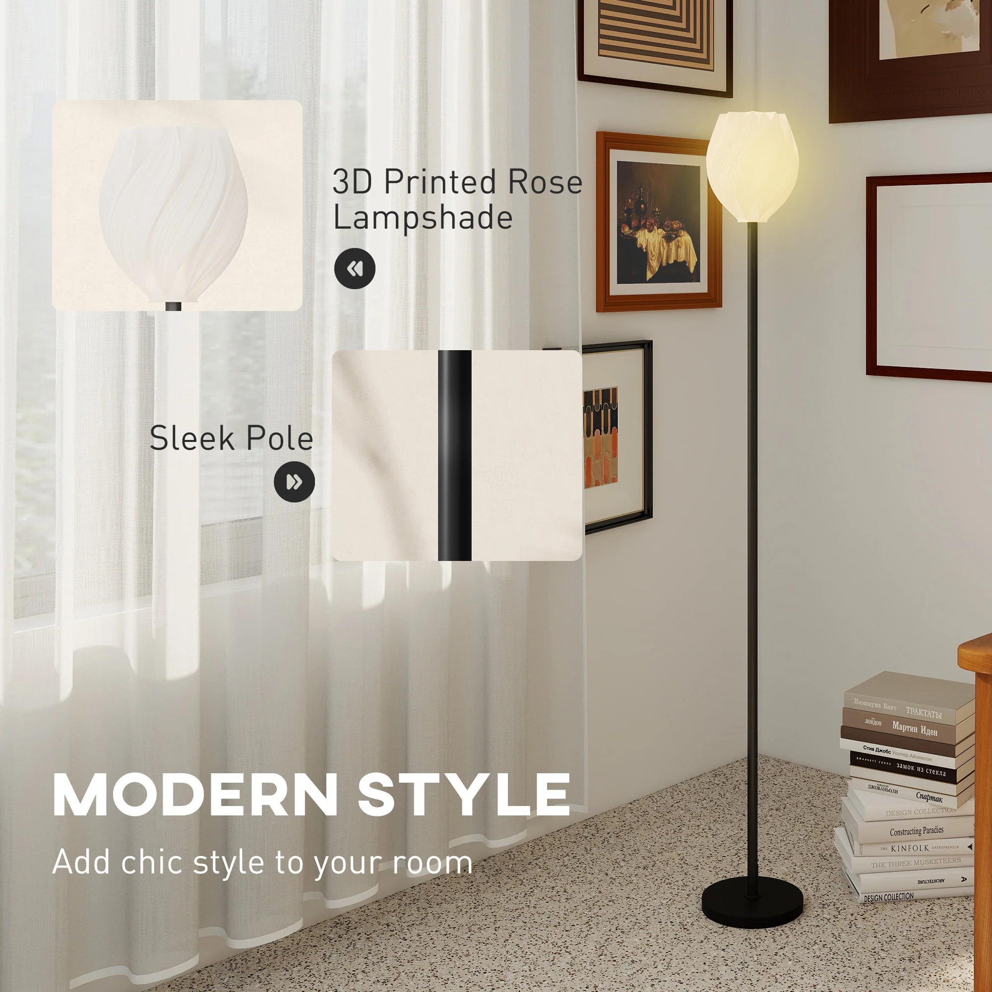 HOMCOM 3D Printed Standing Lamp With Shade, E27 Holder Without Bulb, White - Image 3