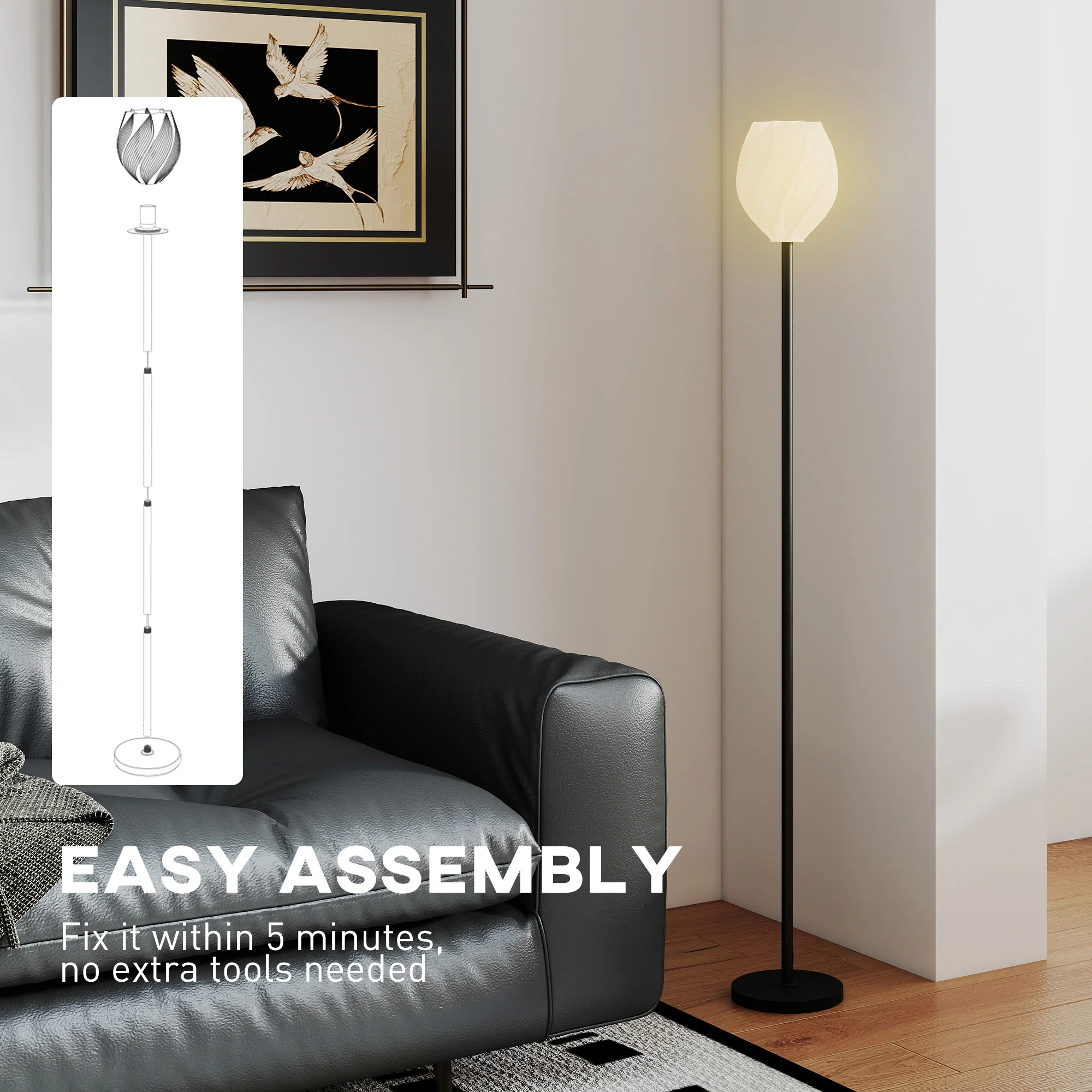 HOMCOM 3D Printed Standing Lamp With Shade, E27 Holder Without Bulb, White - Image 7